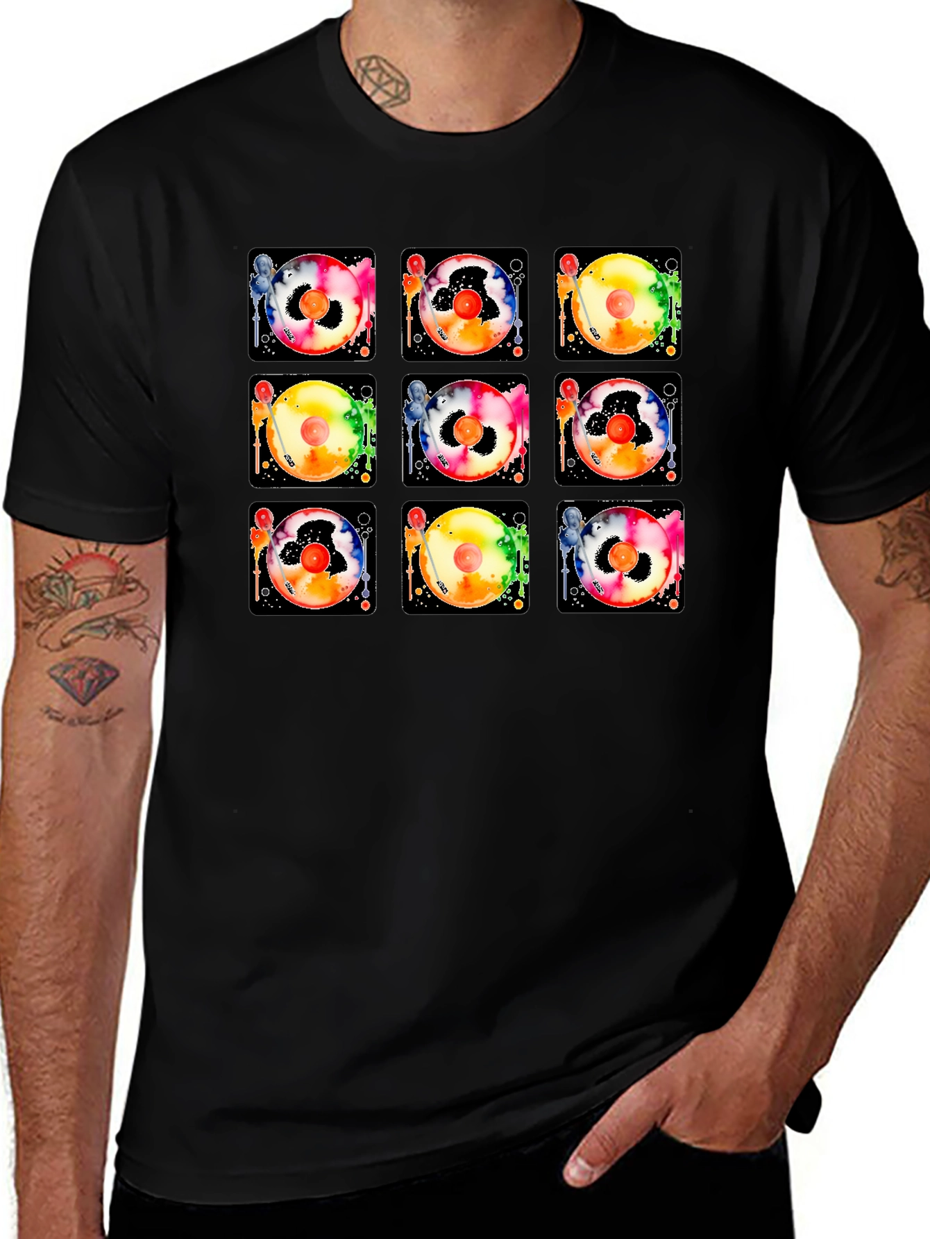 Variant 18 of Colorful Turntable Graphic Tee - Black Cotton Blend
