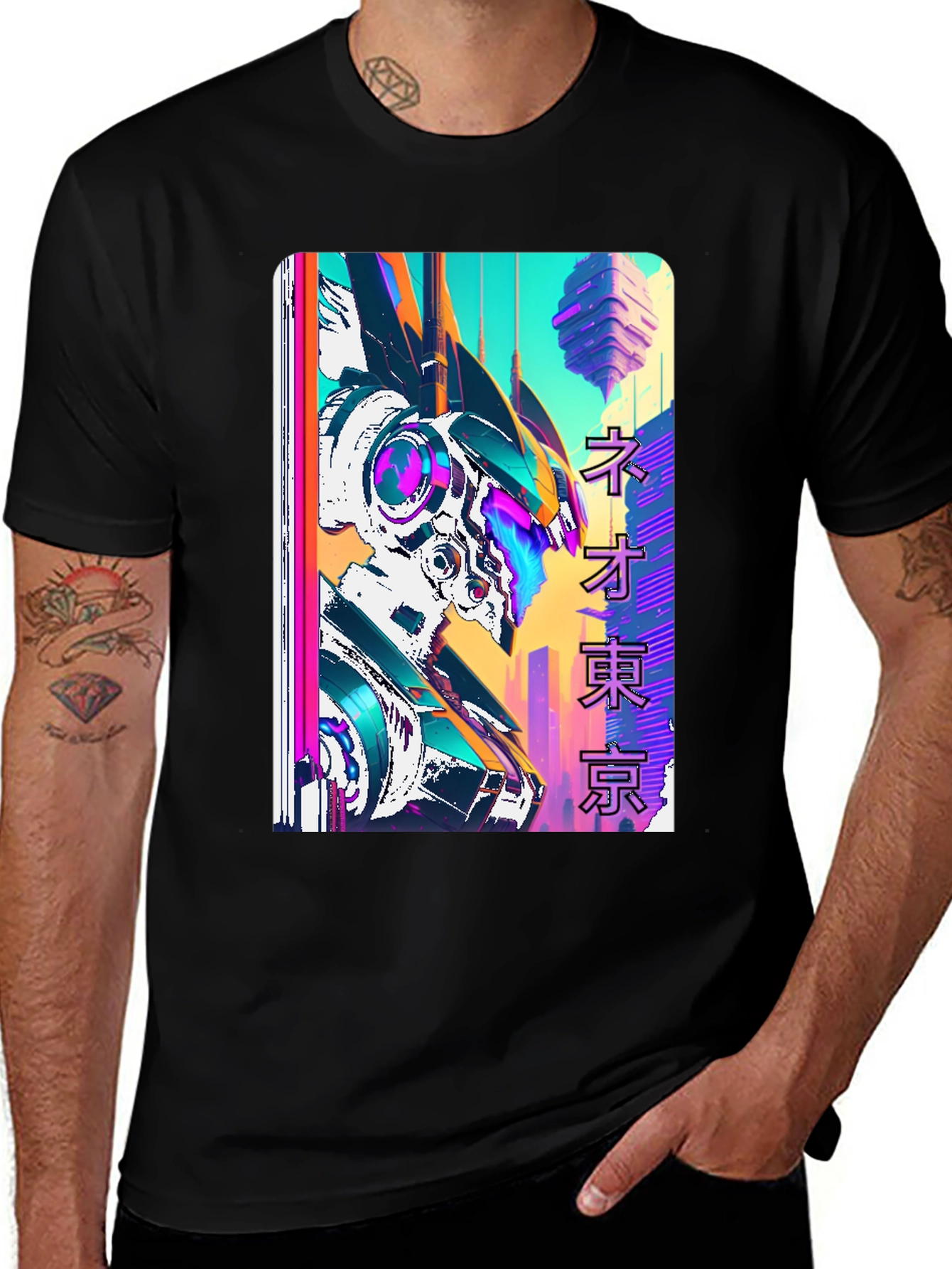 Neo Tokyo Robot Graphic Tee - Black Cotton T-Shirt