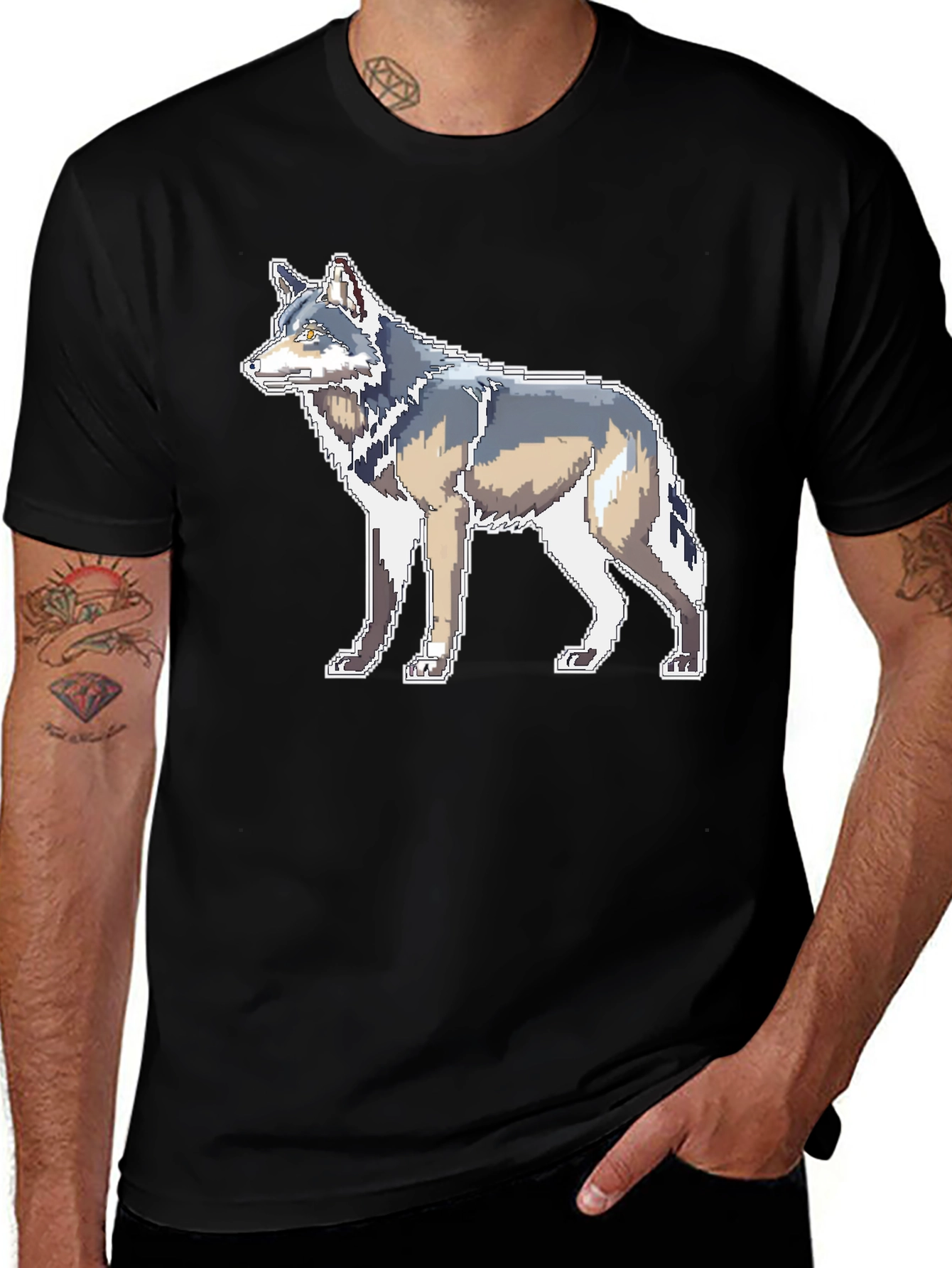 Variant 5 of Pixelated Wolf Graphic Black T-Shirt