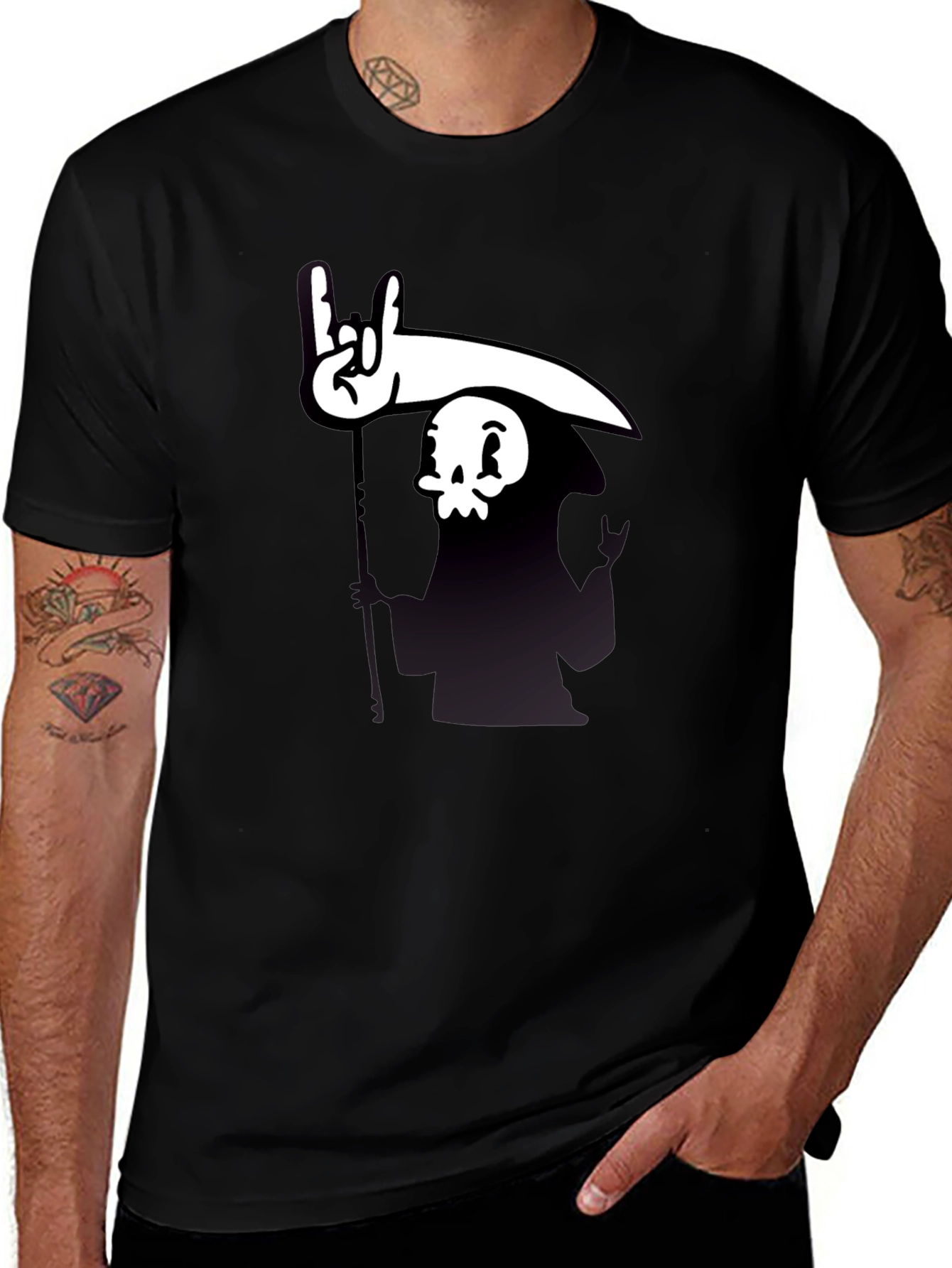 Variant 22 of Cartoon Grim Reaper Rock On Graphic Tee - Black