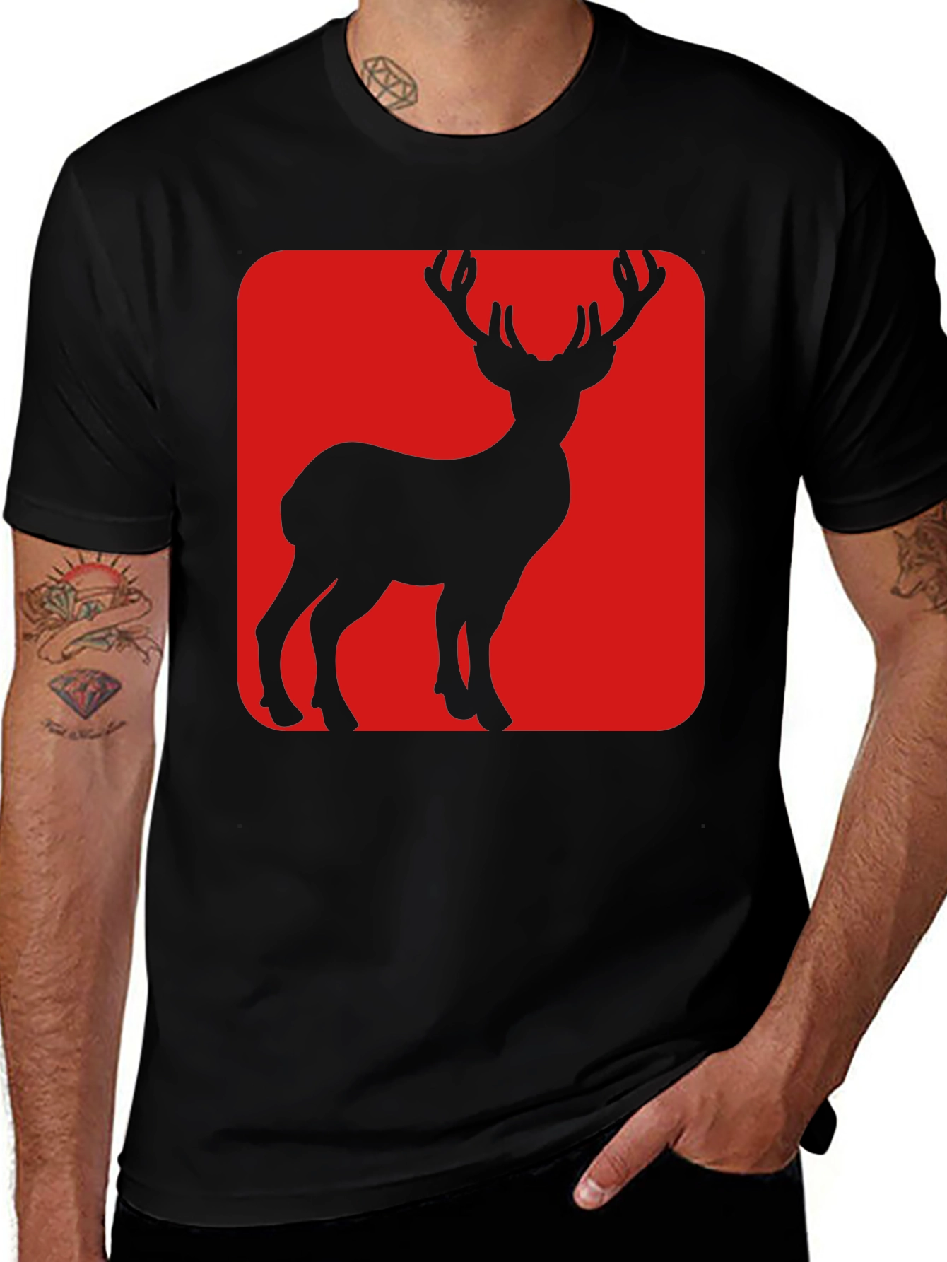 Variant 29 of Red Square Deer Graphic Black T-Shirt