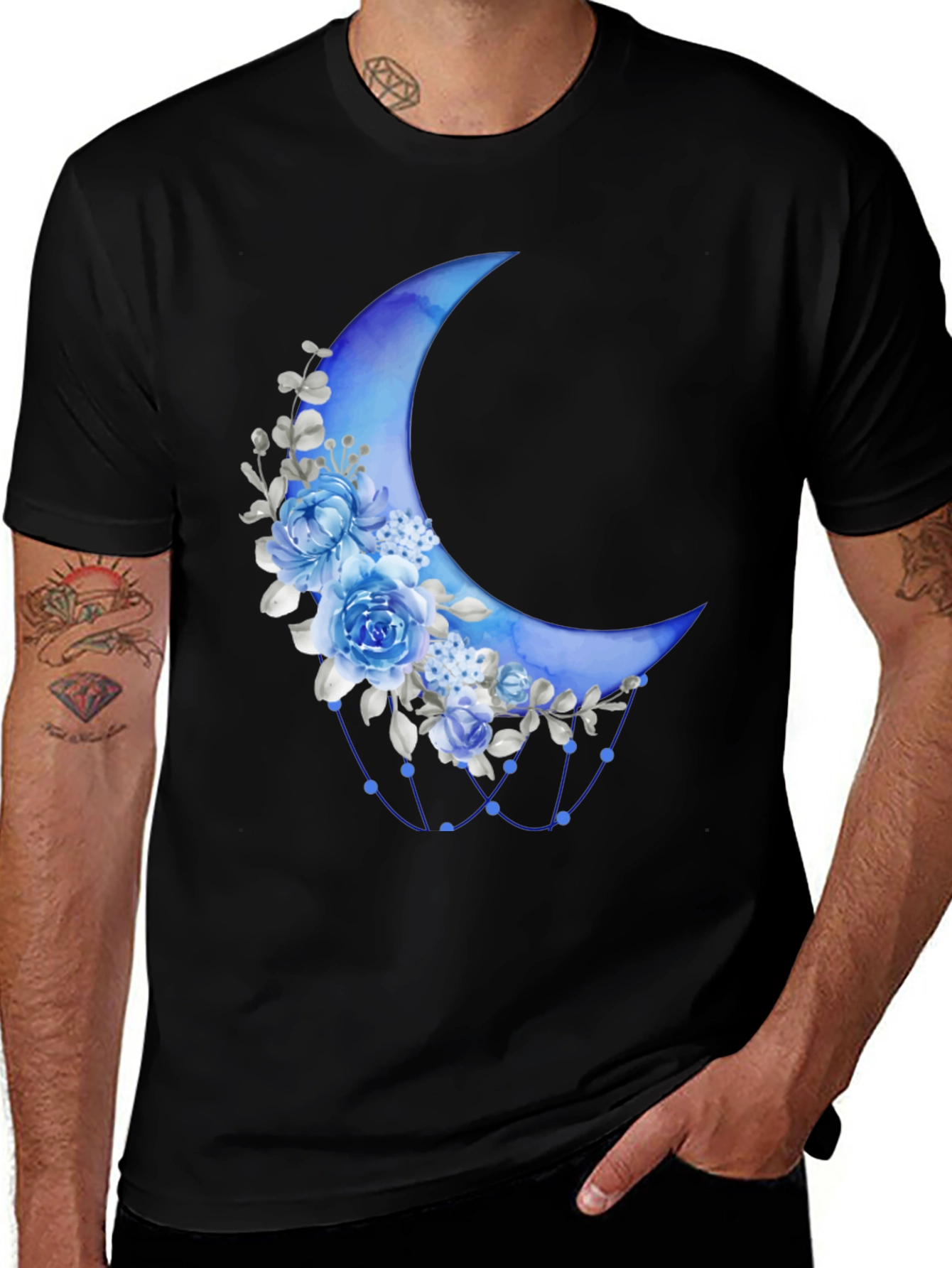 Floral Crescent Moon Black T-Shirt