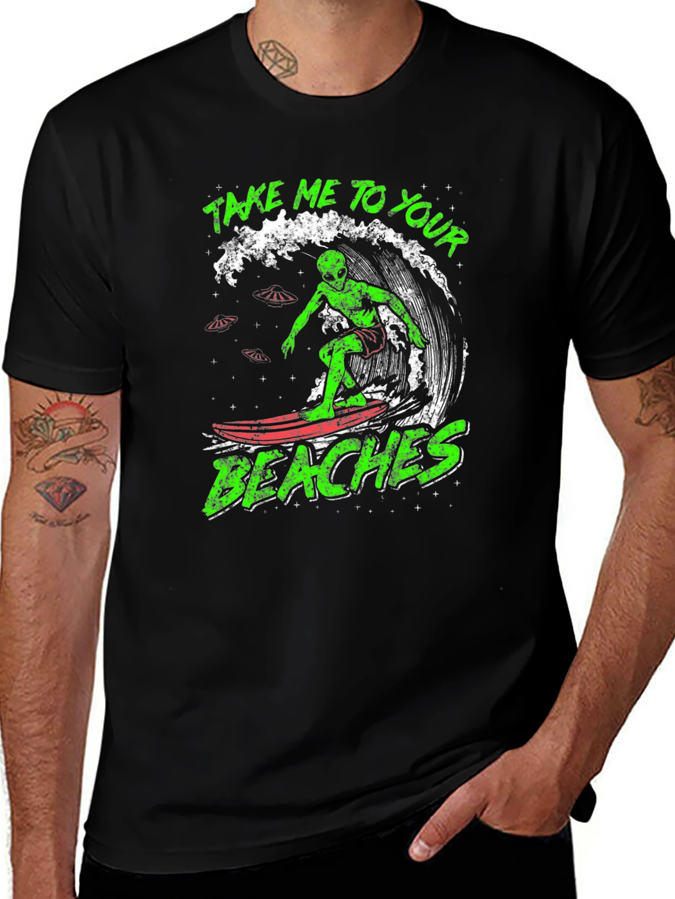 Variant 6 of Alien Surfing Graphic Tee - Take Me To Your Beaches