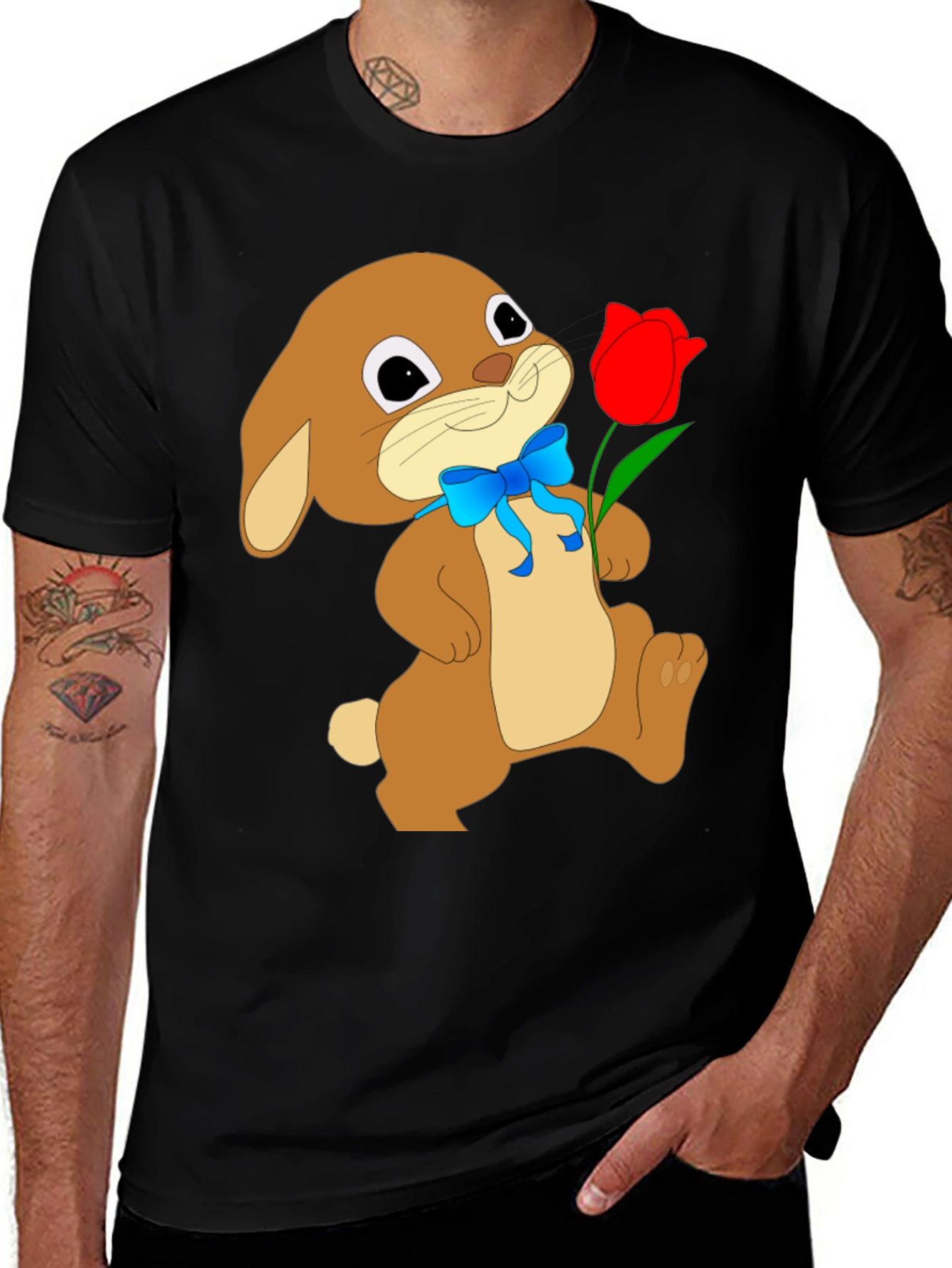 Variant 21 of Bunny & Tulip Graphic Tee - Soft Black Cotton