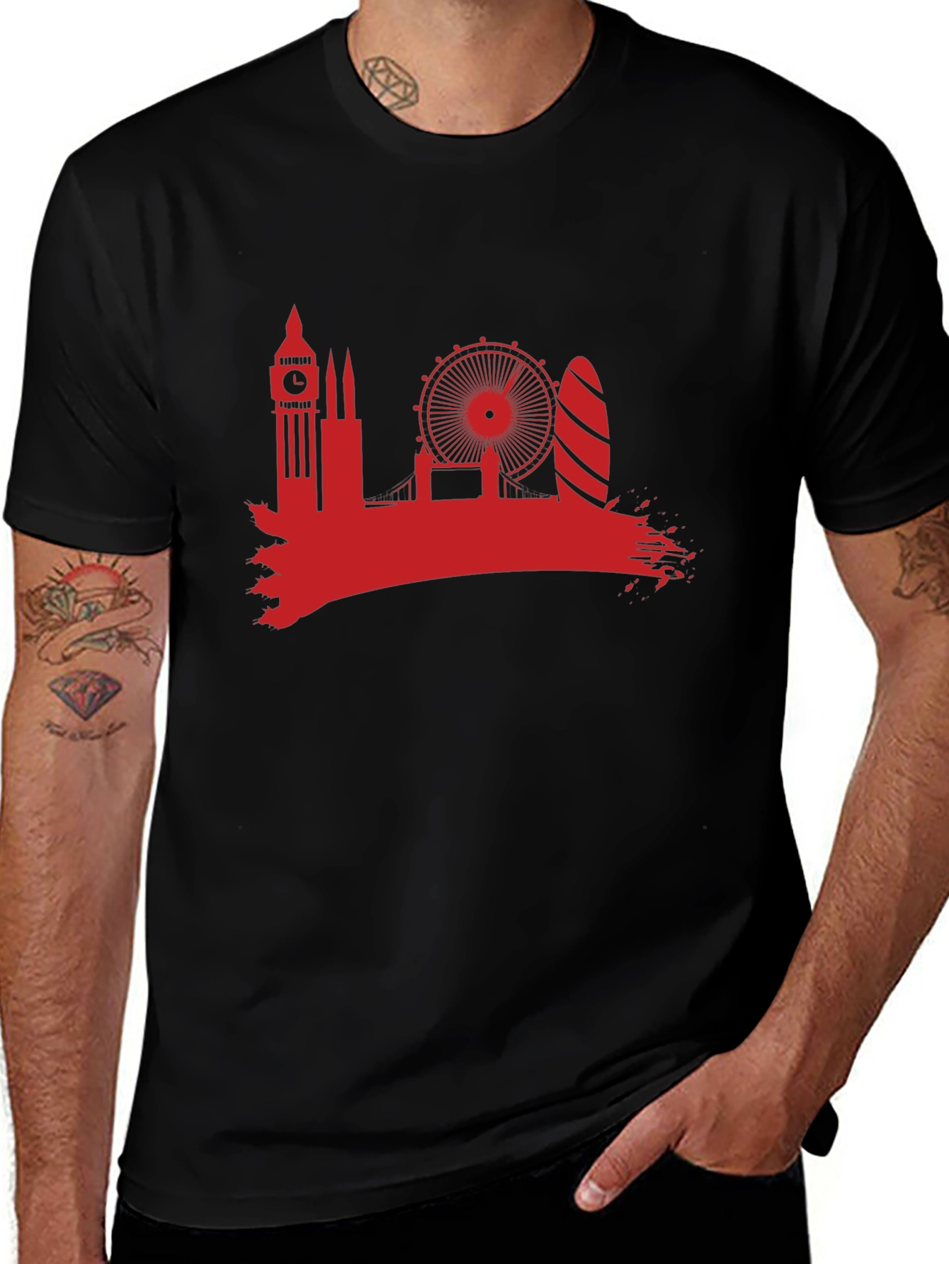London Skyline T-Shirt - Red Silhouette on Black