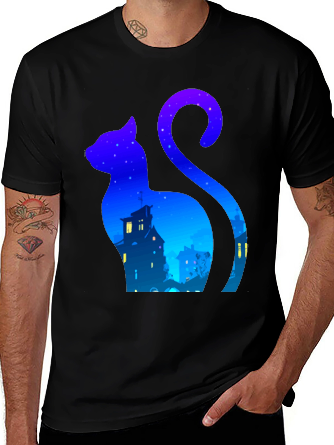 Variant 10 of Cat Silhouette Night Sky T-Shirt - Urban Style