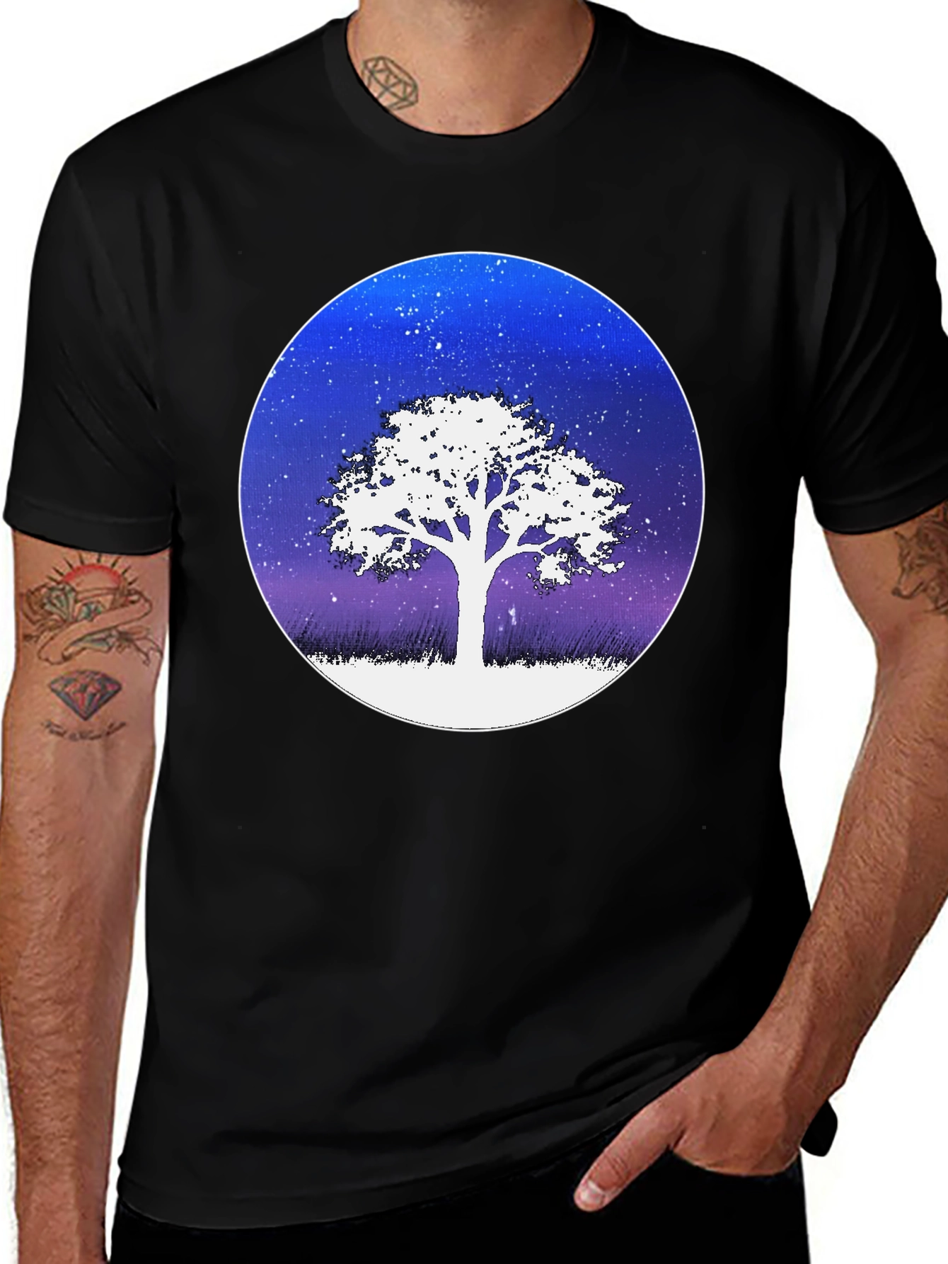 Variant 9 of Night Sky Tree Graphic Tee - Men's Black Shirt