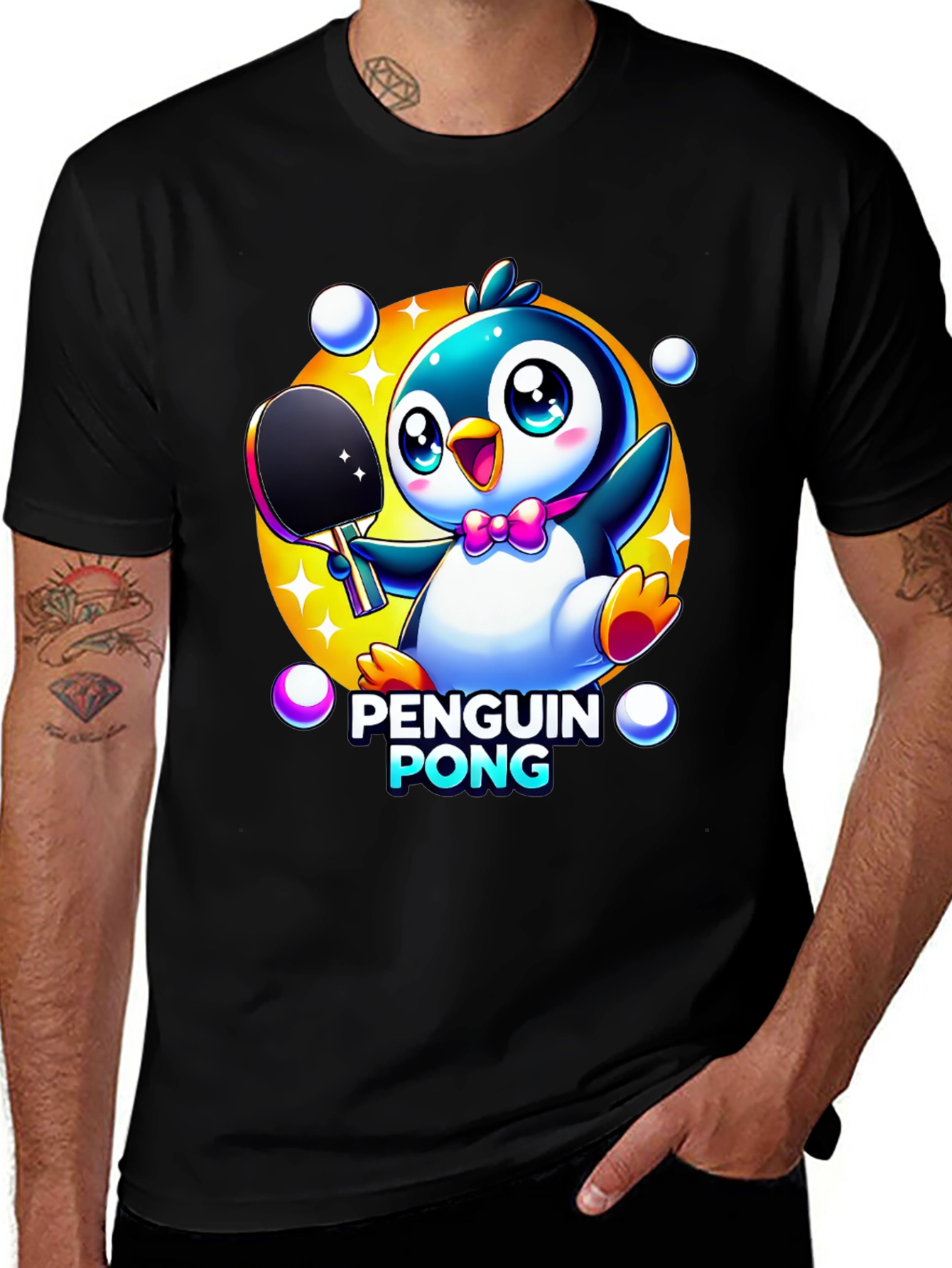 Variant 20 of Penguin Pong Black T-Shirt - Cute Cartoon Design