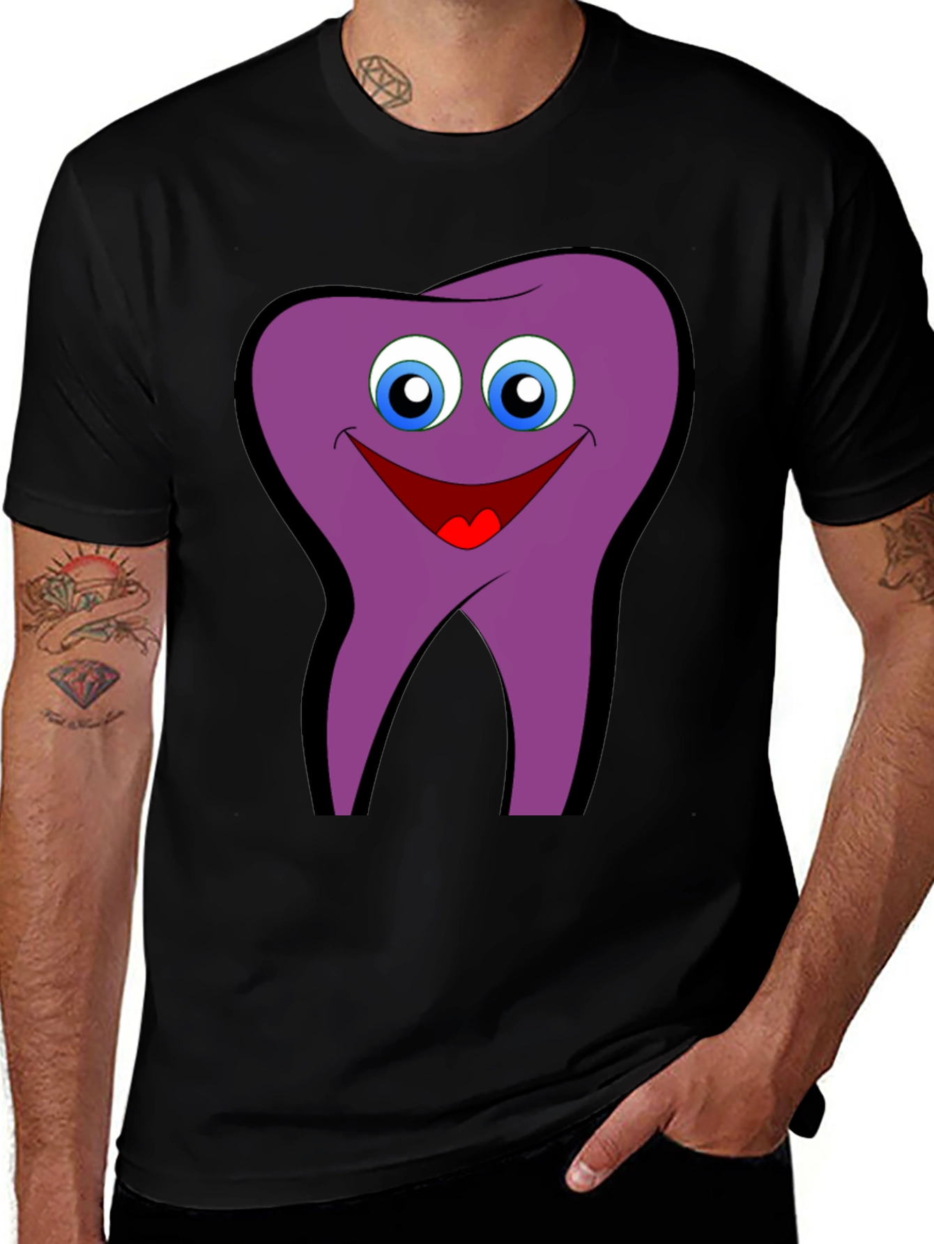 Variant 4 of Funny Tooth Cartoon Graphic Tee - Black Cotton T-Shirt