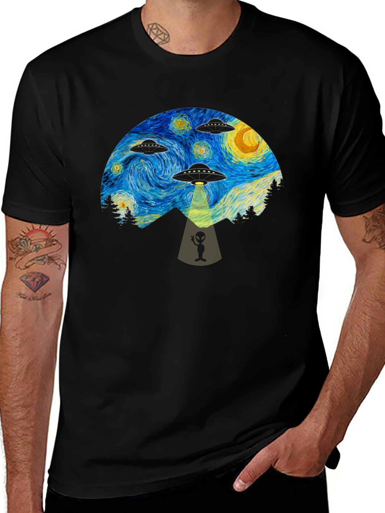 Starry Night UFO Abduction Graphic T-Shirt