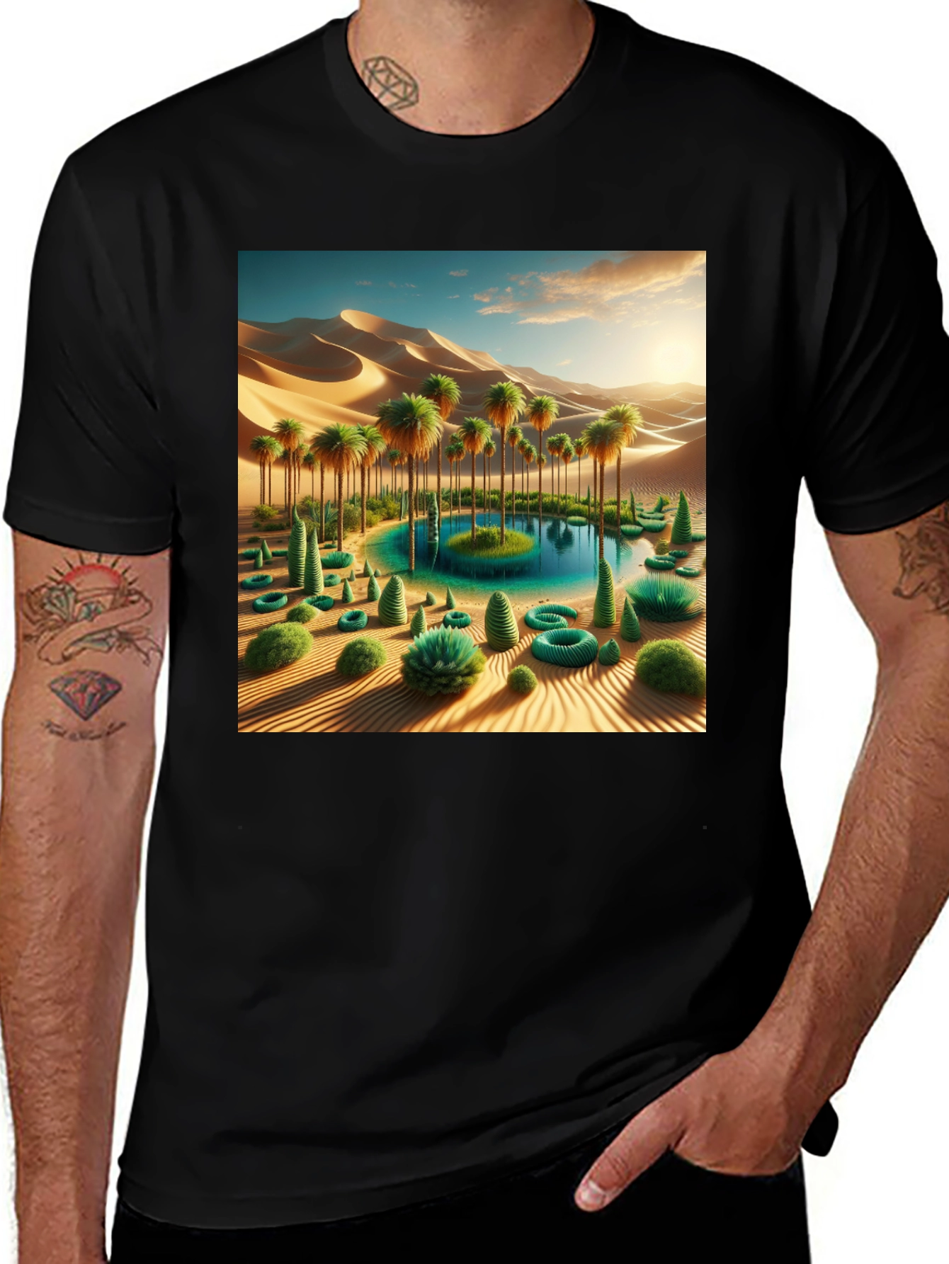 Variant 12 of Desert Oasis Graphic Tee - Black Cotton Blend Shirt