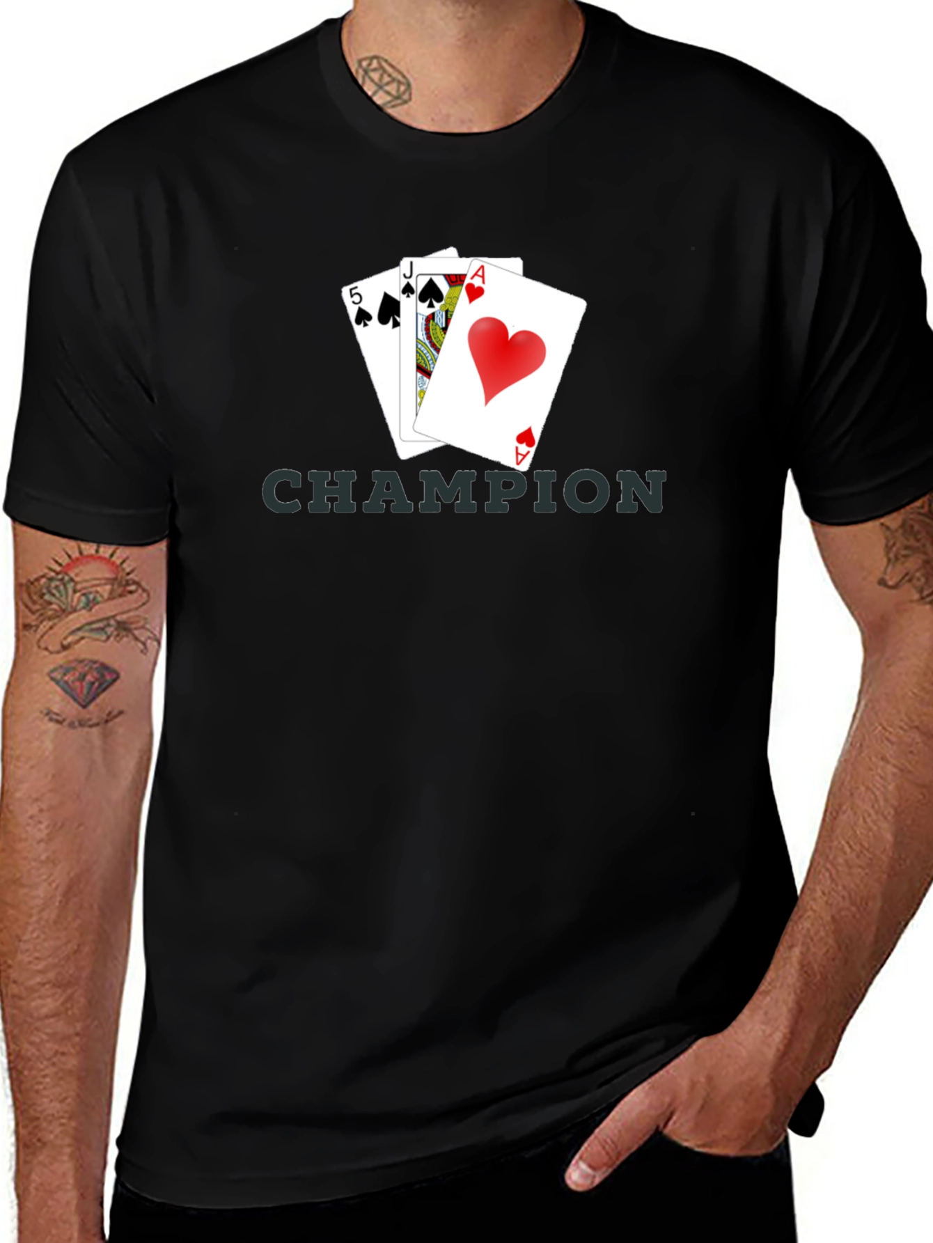 Champion Poker Hand T-Shirt - Ace, Jack, 5 Cards Design