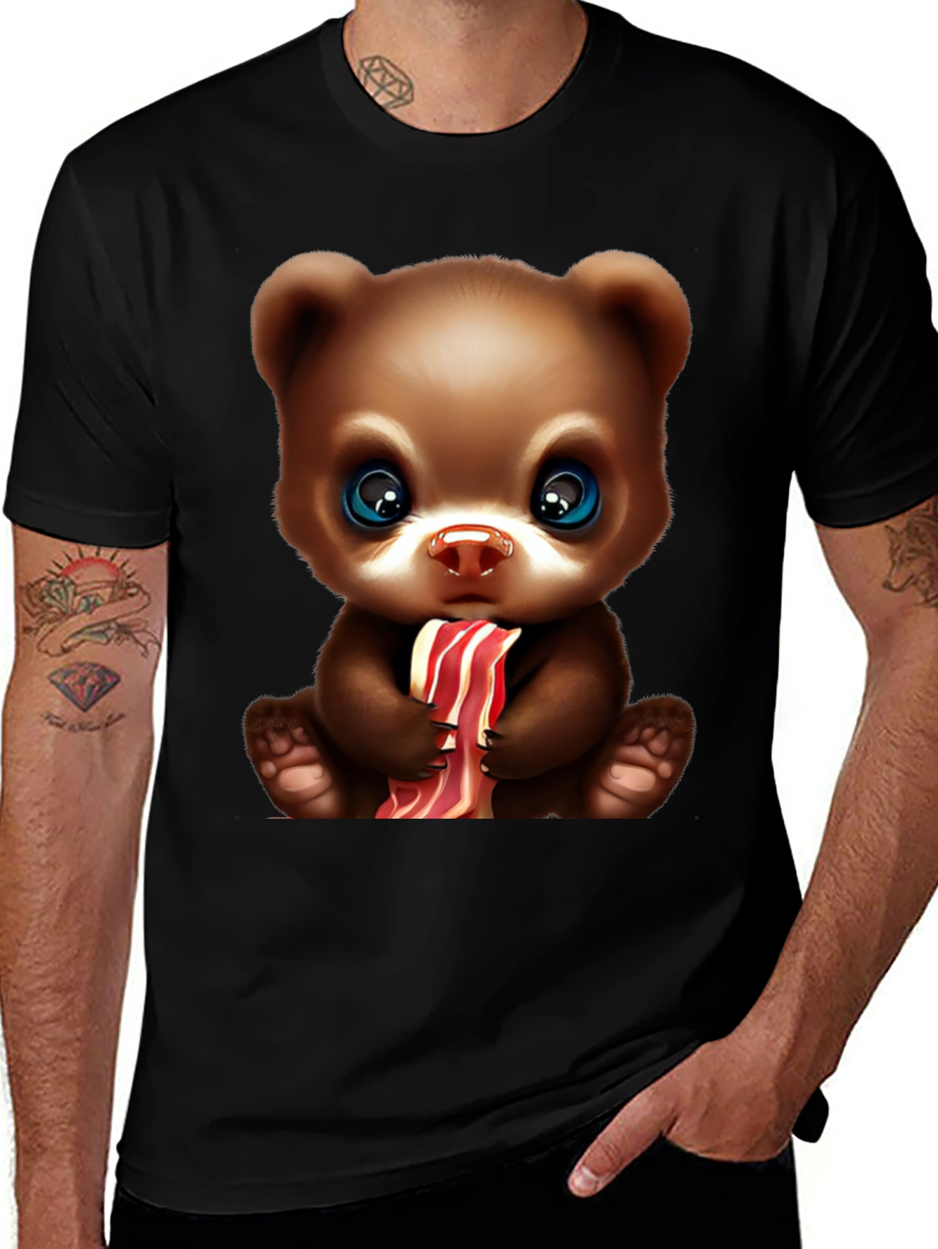 Variant 7 of Cute Bear Bacon T-Shirt - Black