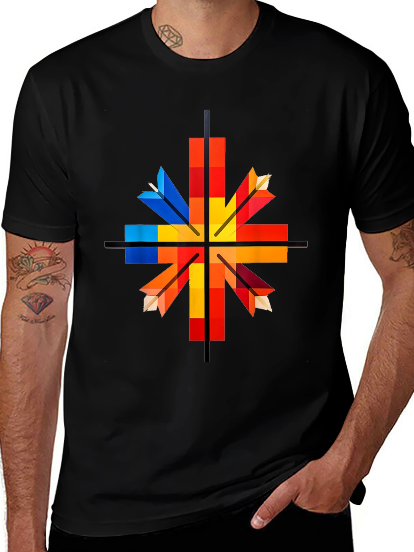 Black Geometric Arrow Graphic Tee - Colorful Square Design main image