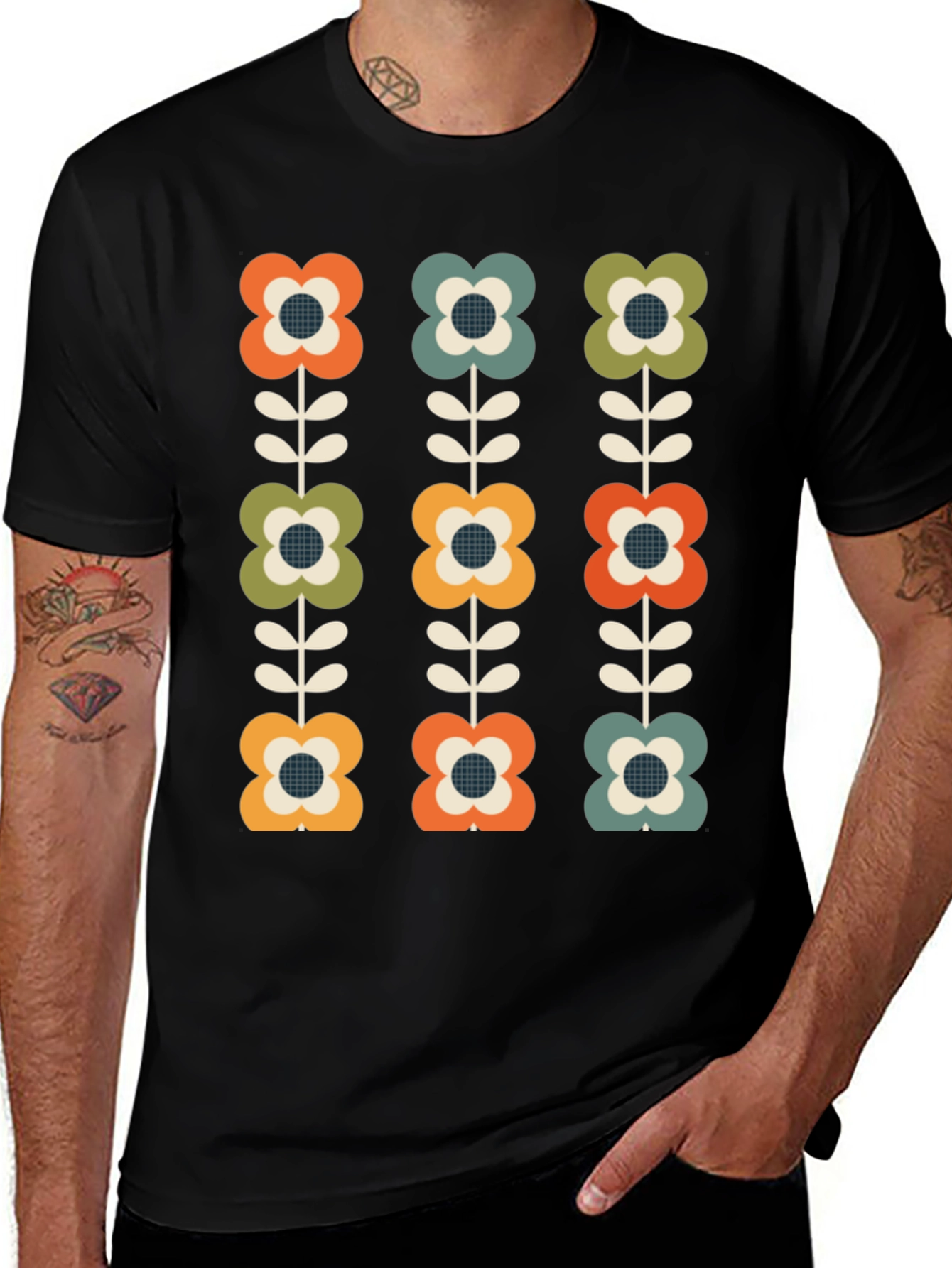 Variant 25 of Retro Floral Pattern Black T-Shirt