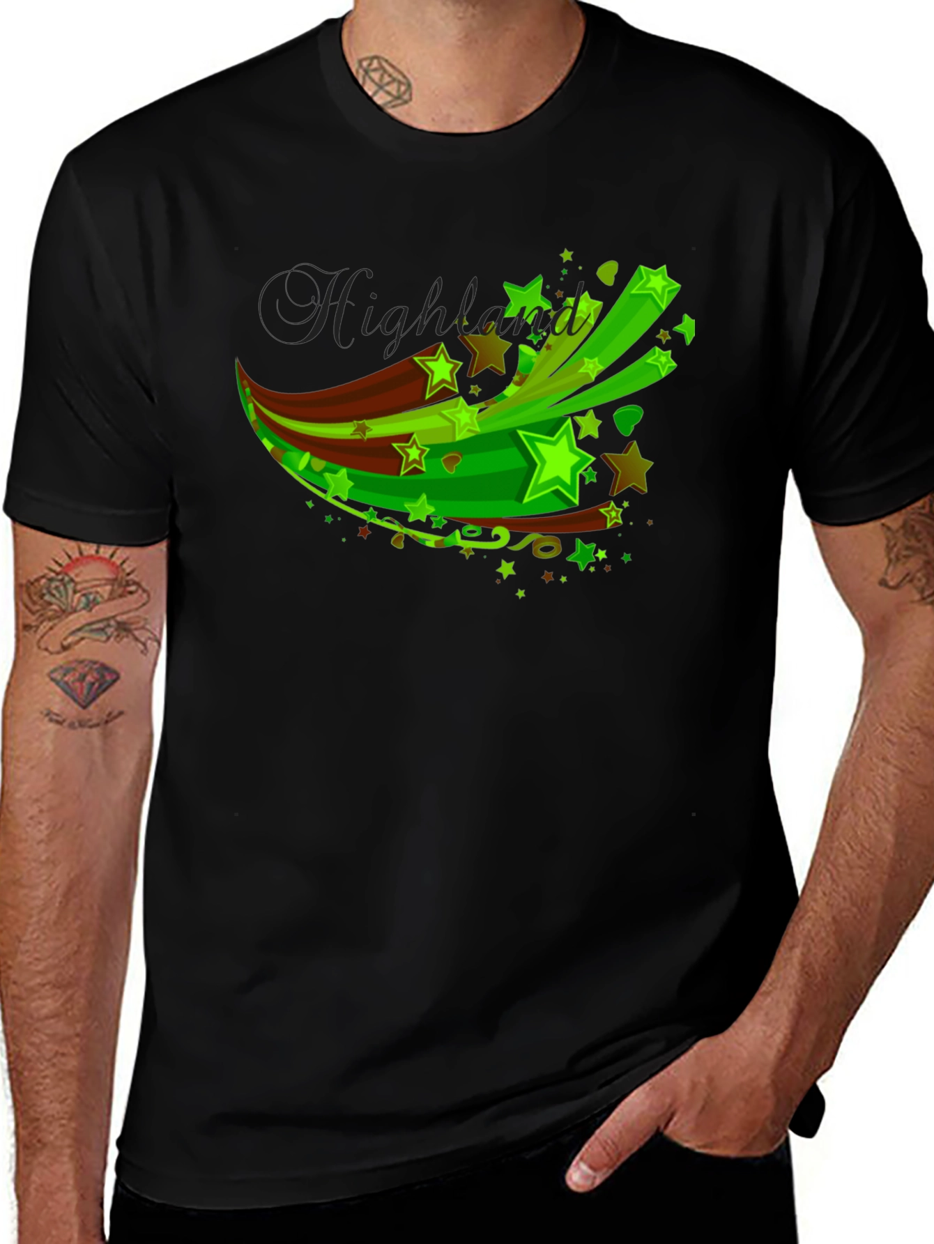 Black Men's Black T-Shirt with Green Star Graphic main image