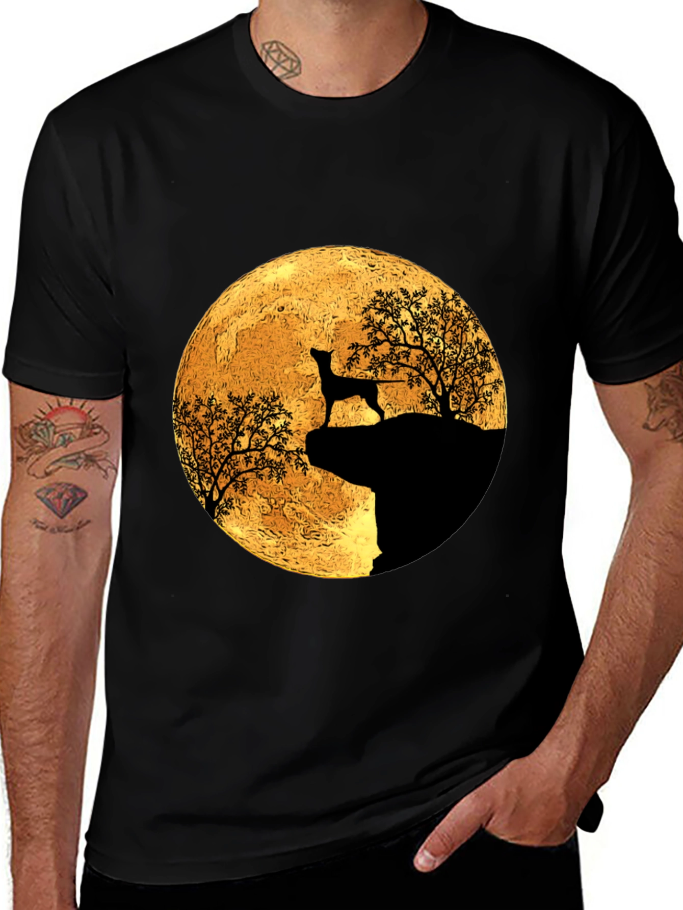 Variant 3 of Moonlit Dog Silhouette Graphic Tee - Black Cotton Blend Shirt