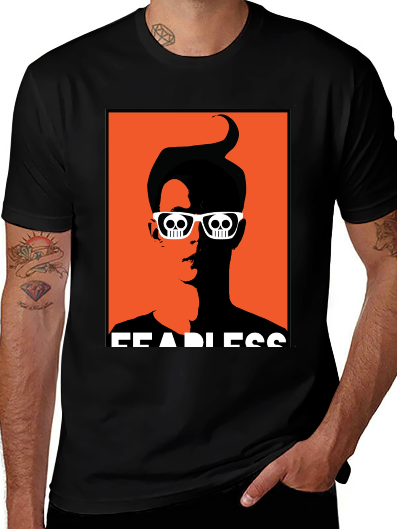 Variant 3 of Fearless Graphic Tee - Skull Glasses Orange Backdrop