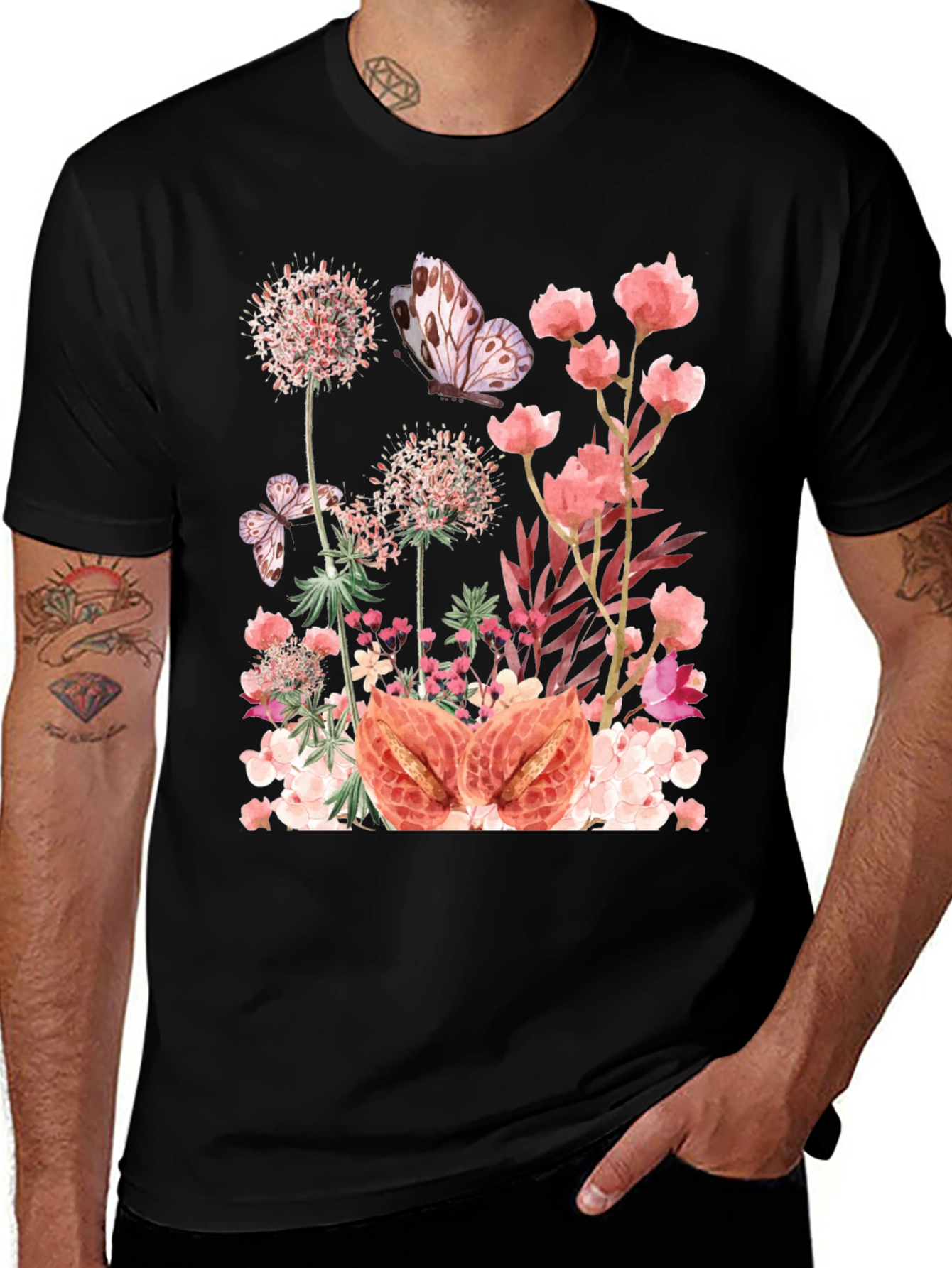Floral & Butterfly Graphic Black T-Shirt