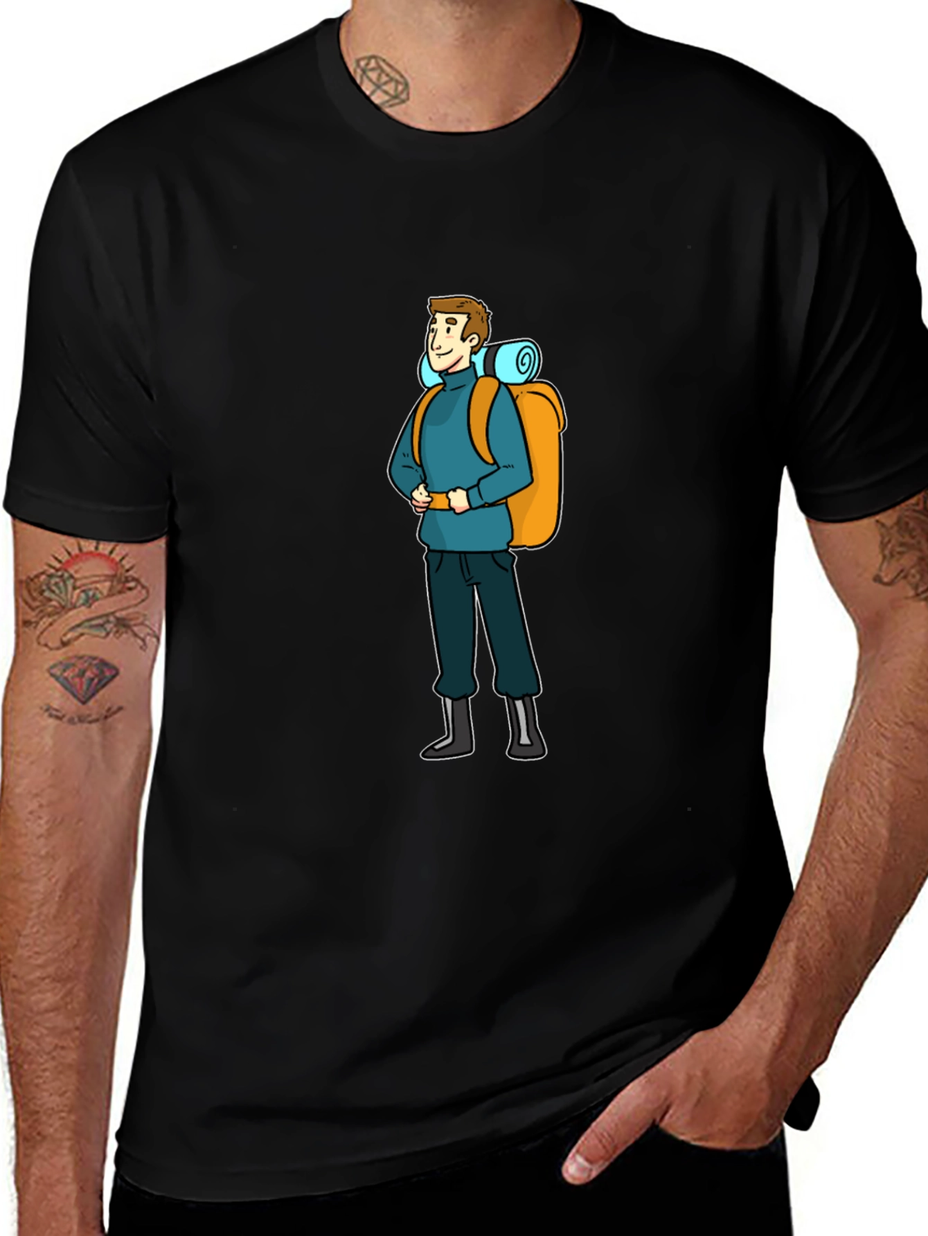Variant 19 of Cartoon Hiker Graphic Tee - Black Casual T-Shirt