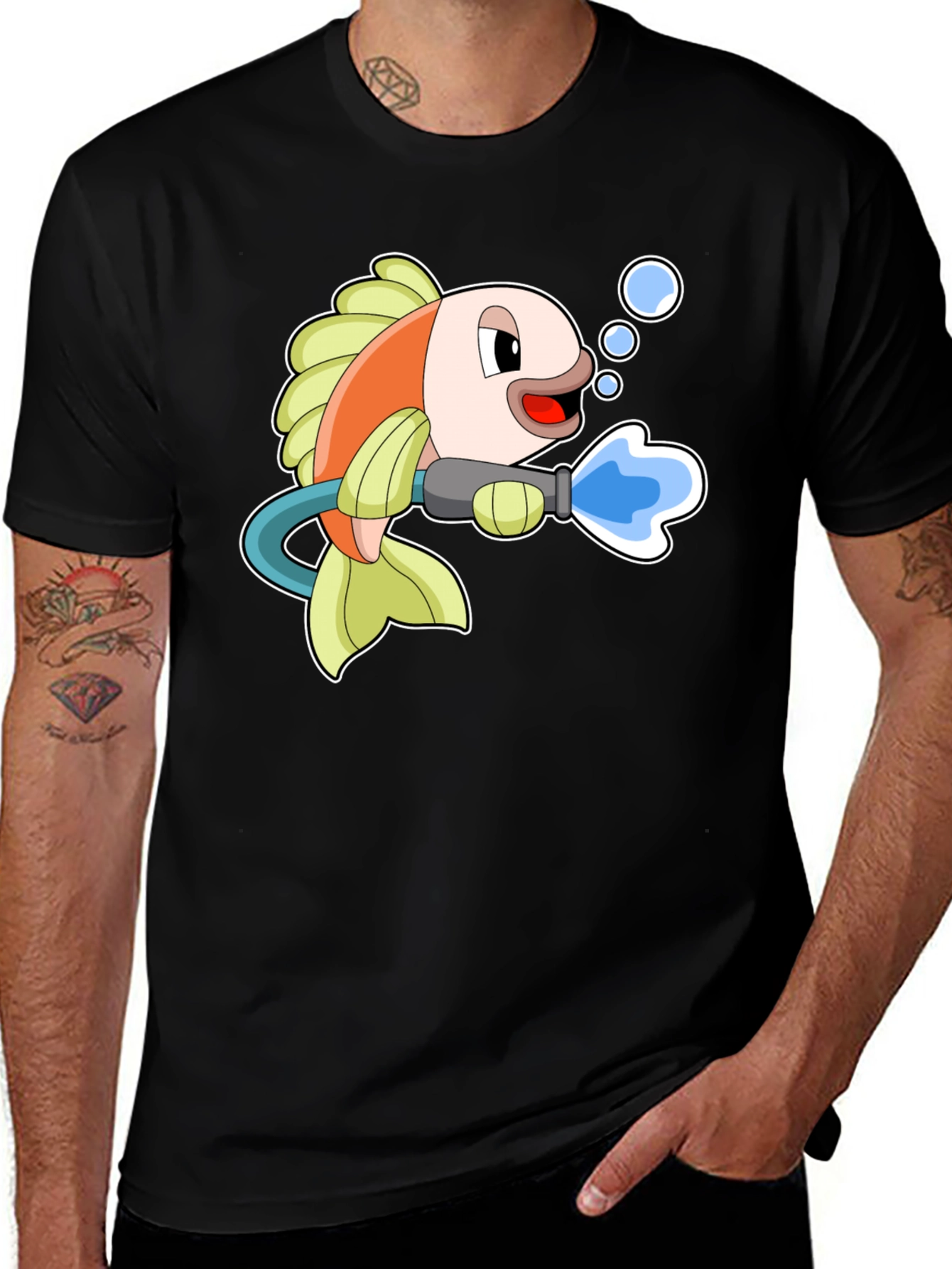Fish with Water Gun Graphic Tee - Black Cotton T-Shirt