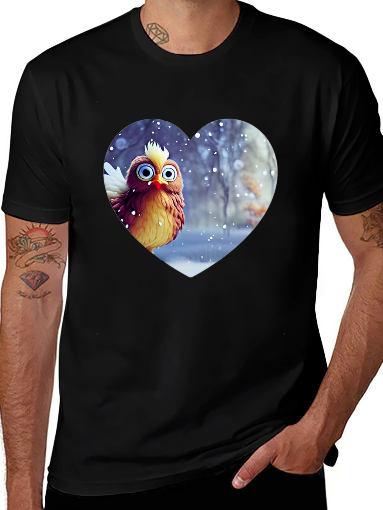 Variant 24 of Cute Owl Heart Graphic Tee - Black Cotton Blend