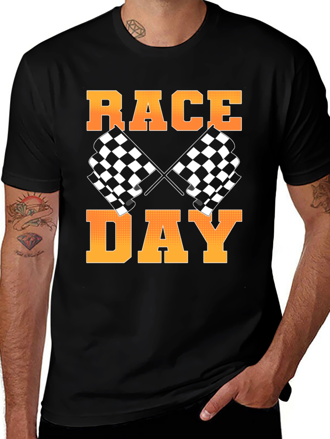 Race Day Black T-Shirt with Checkered Flags Design