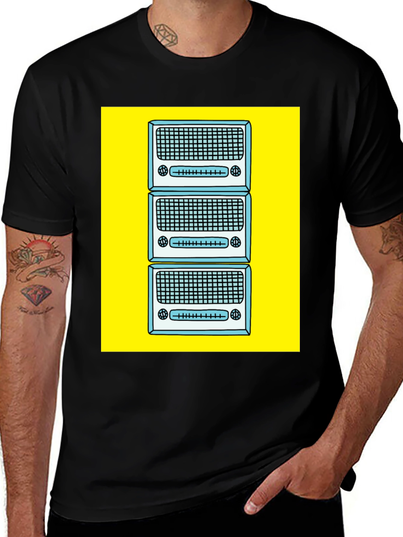 Variant 21 of Retro Radio Stack Graphic Tee - Black Cotton T-Shirt