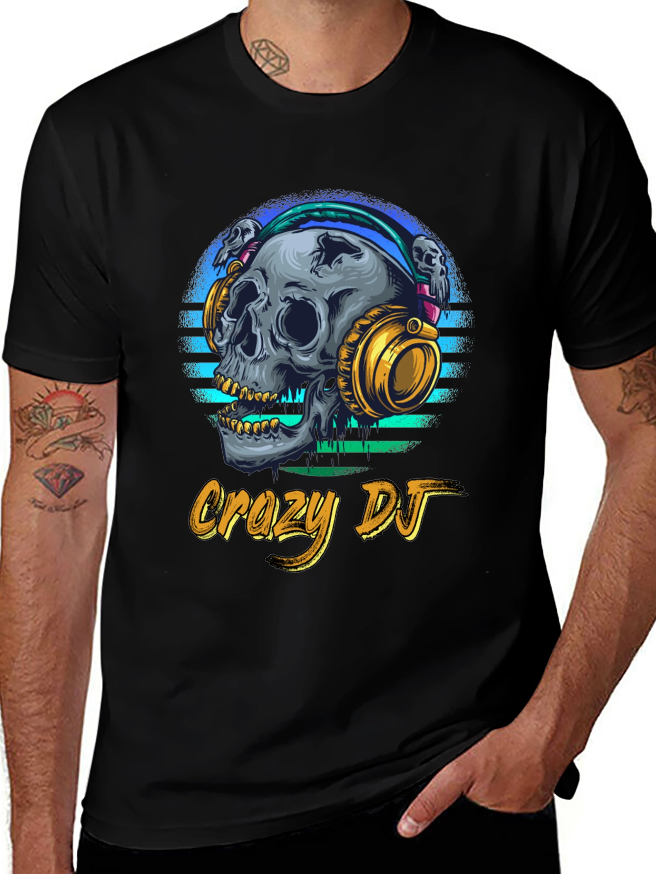 Crazy DJ Skull Graphic Tee - Men's Black T-Shirt