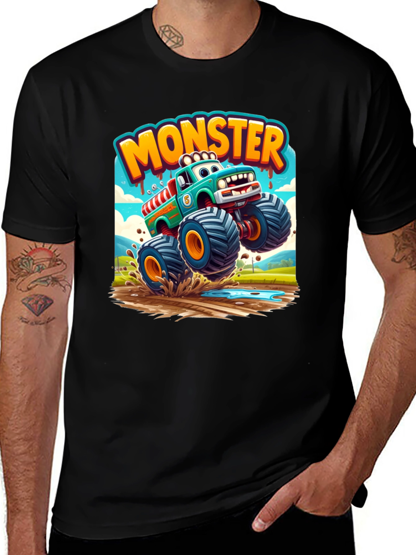 Variant 11 of Monster Truck Cartoon Graphic Print Black T-Shirt