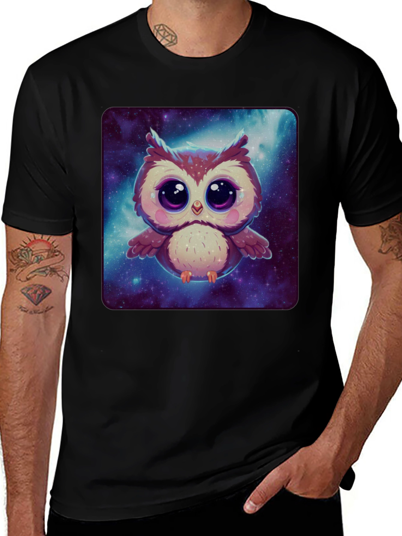 Variant 6 of Cute Owl Galaxy Graphic Print Black T-Shirt