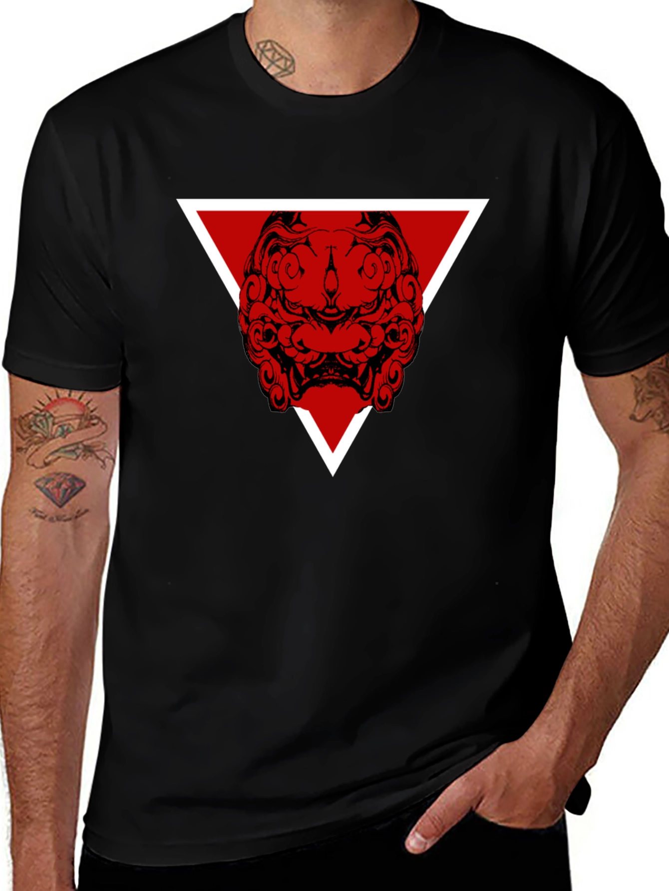 Variant 17 of Men's Black Graphic Tee - Red Oni Mask Triangle Design