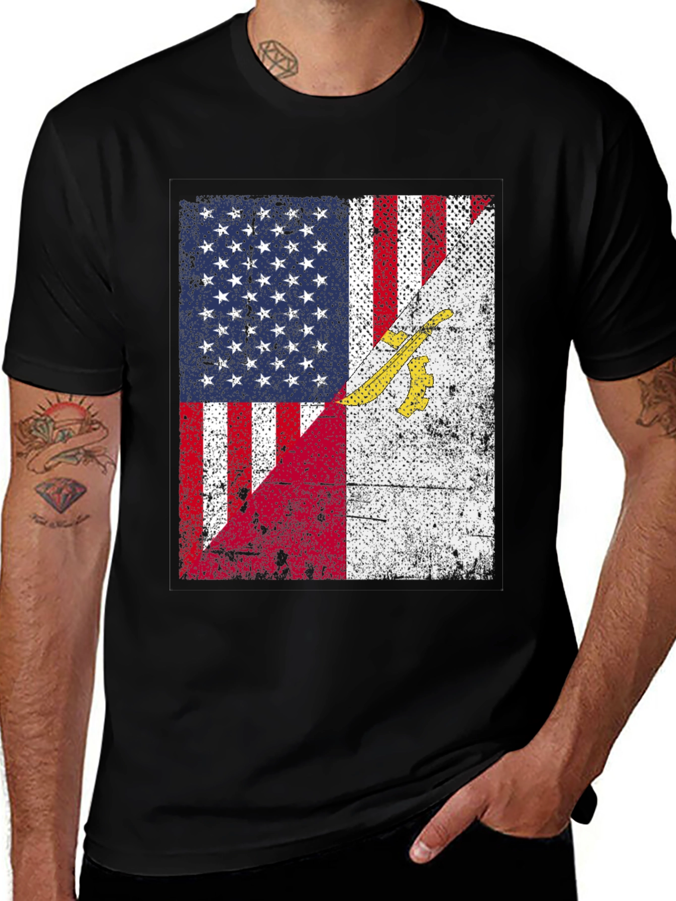 USA & Gadsden Flag Distressed Graphic T-Shirt