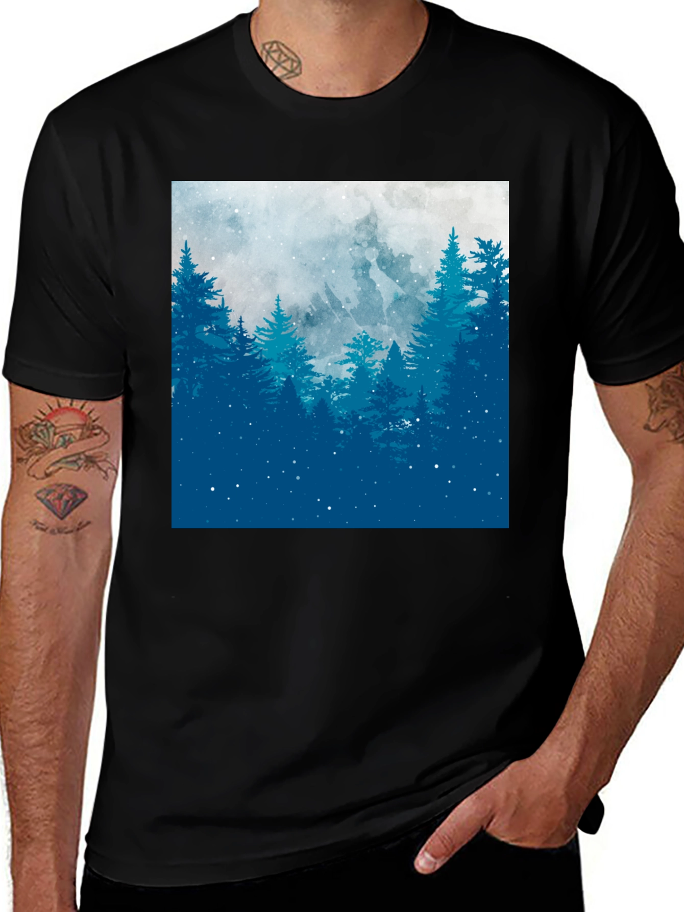 Mountain Forest Print Black Tee