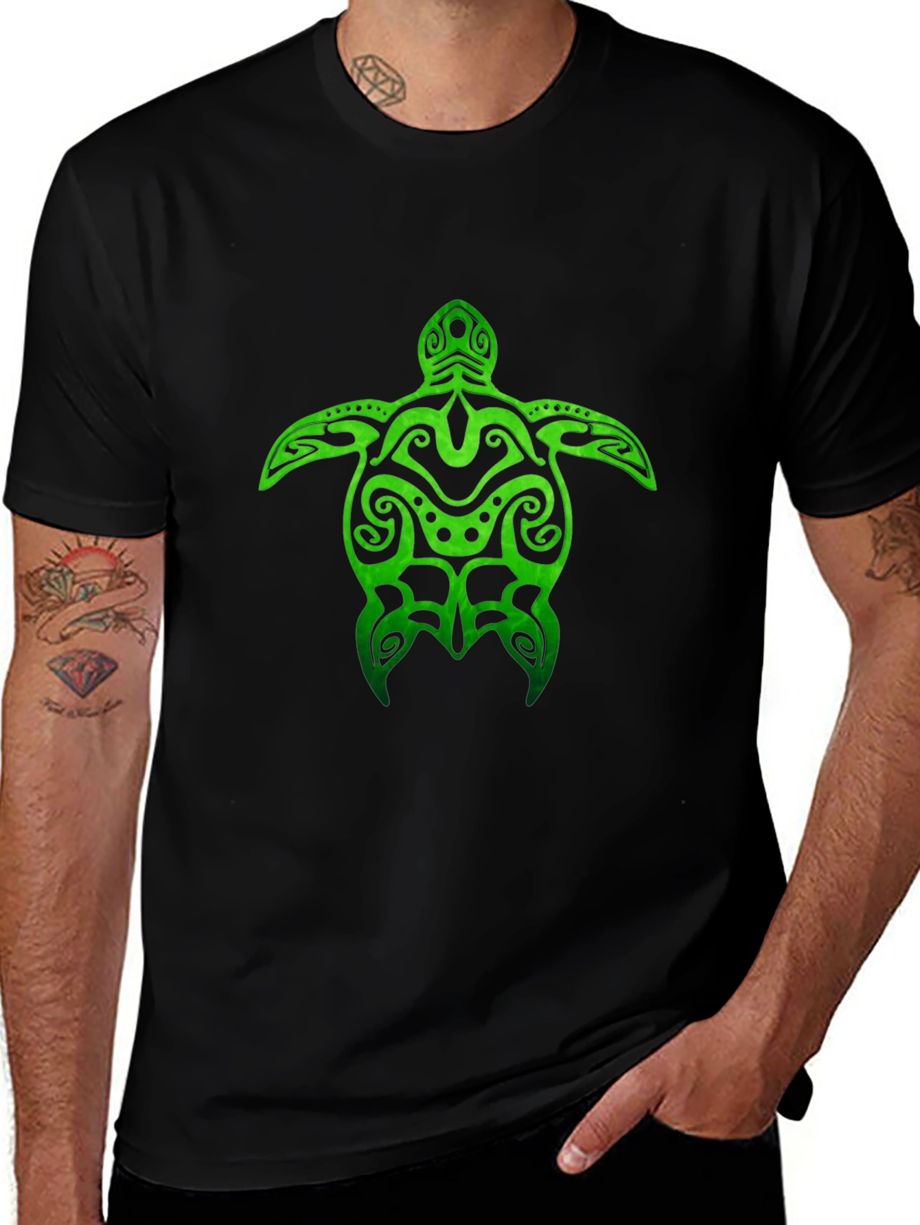 Variant 28 of Green Turtle Tribal Design Black T-Shirt