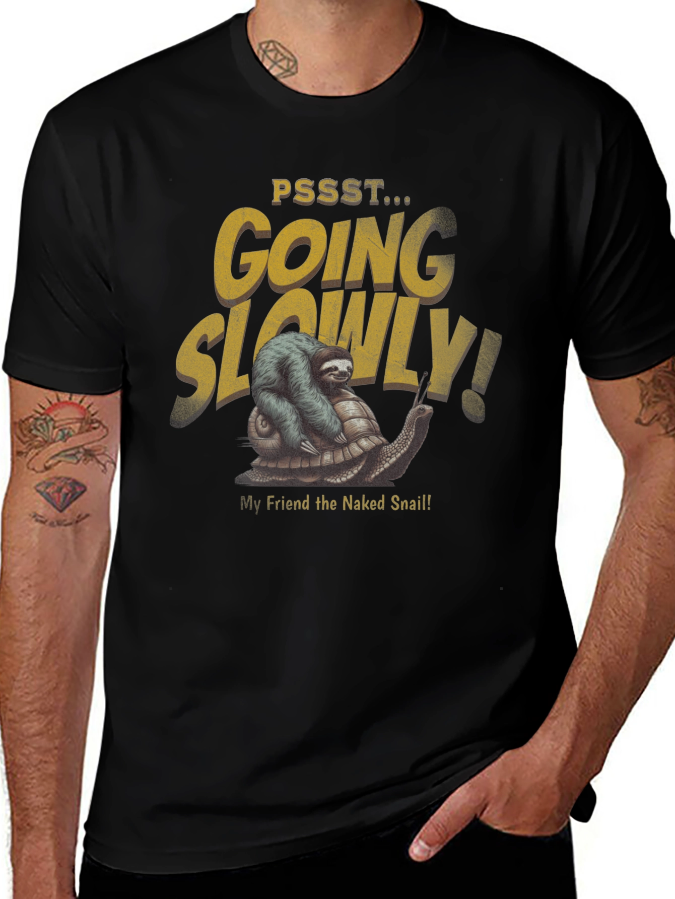 Black Sloth Riding a Snail T-Shirt - Going Slowly! main image