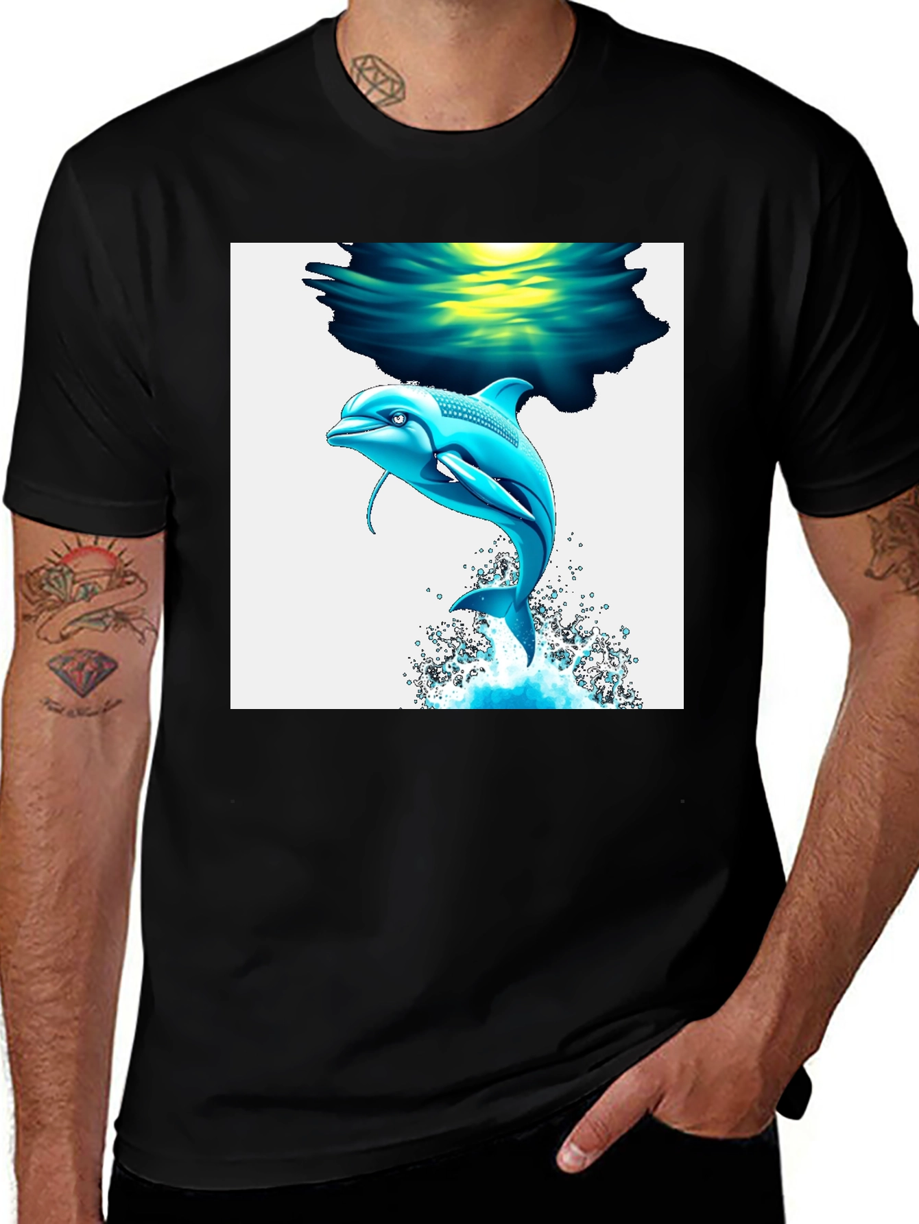 Variant 26 of Dolphin Graphic Tee - Black Cotton Blend T-Shirt