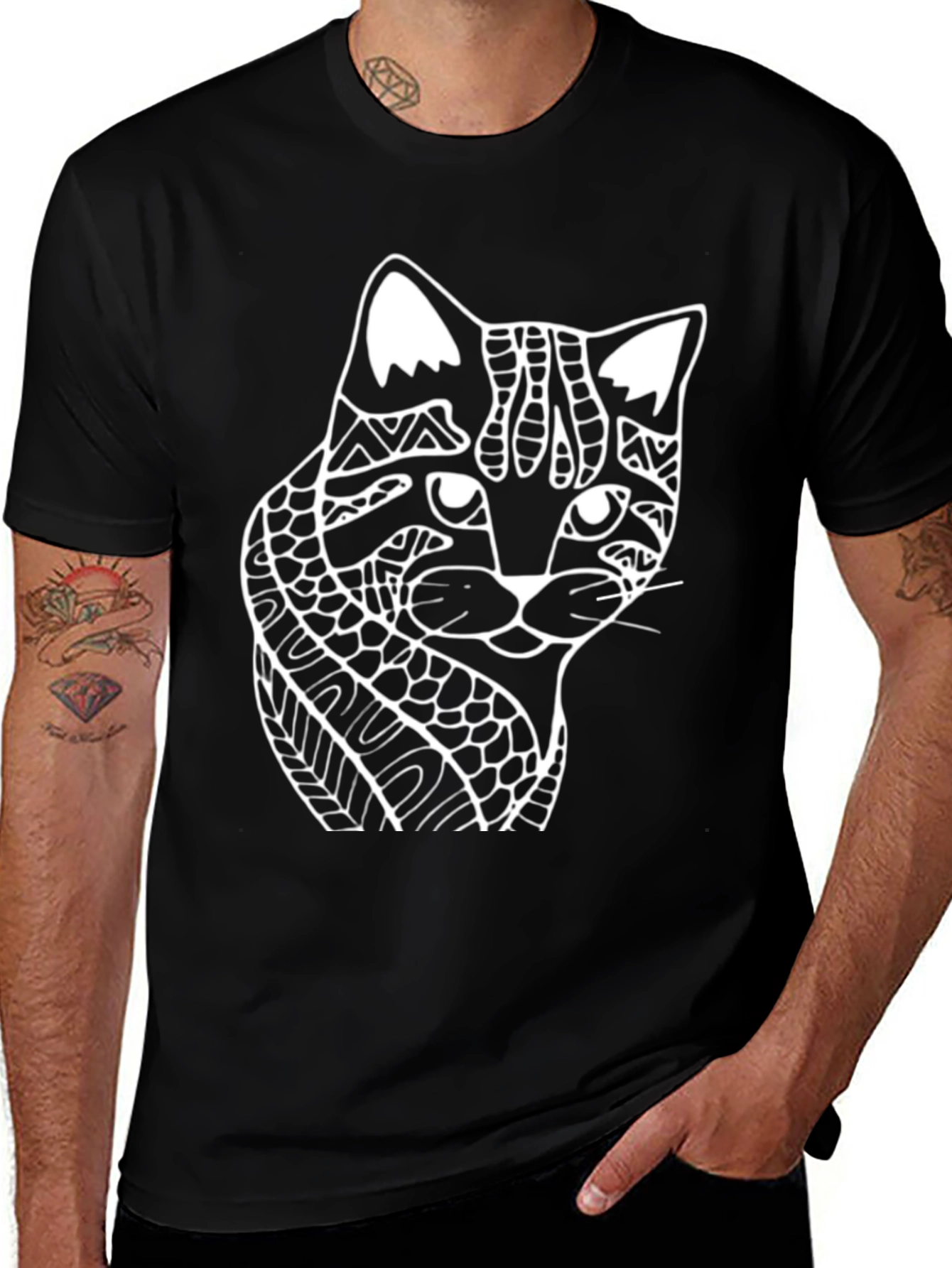 Abstract Cat Graphic Tee - Black Cotton T-Shirt