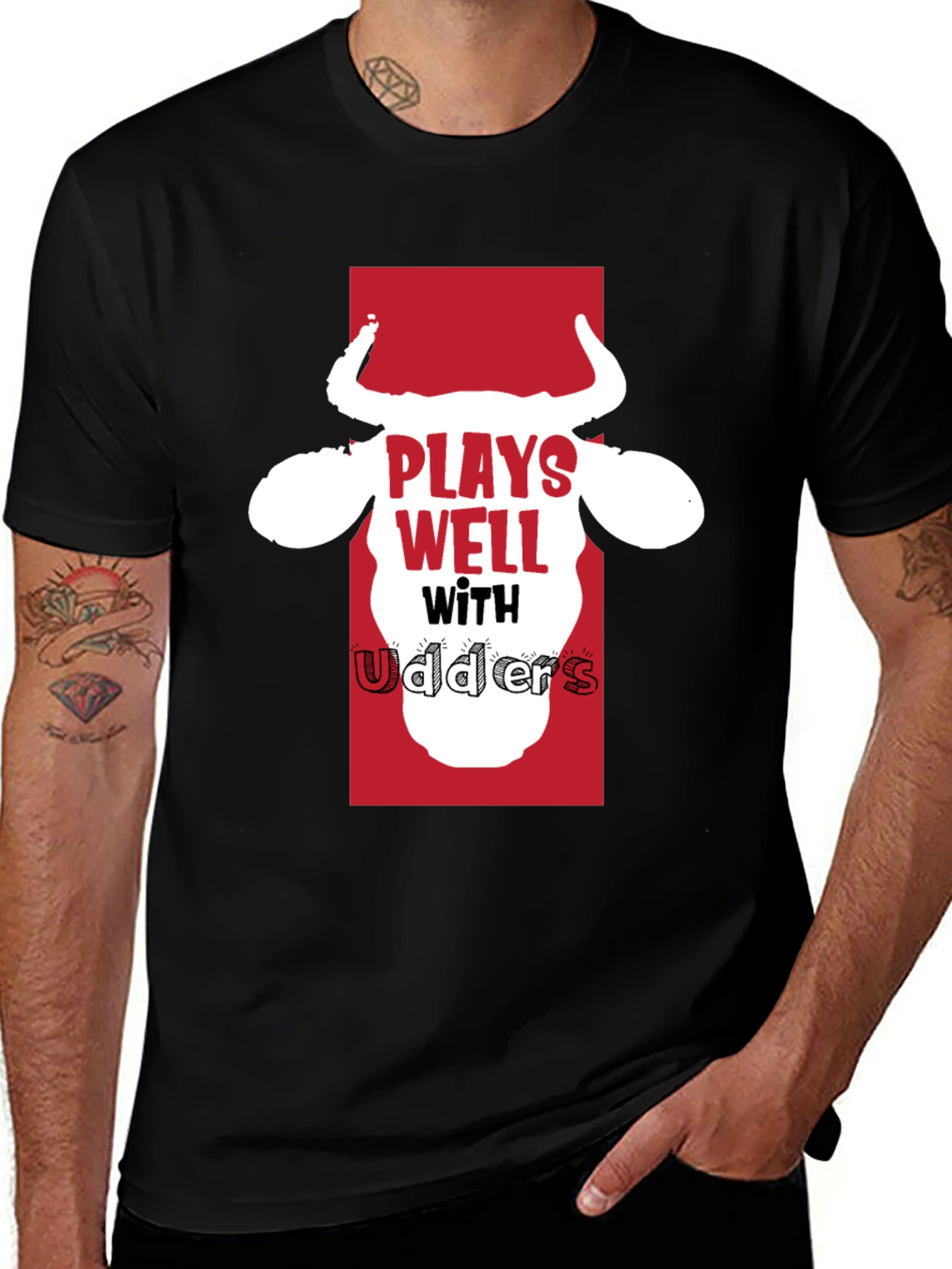 Variant 7 of Plays Well with Udders Funny Black T-Shirt