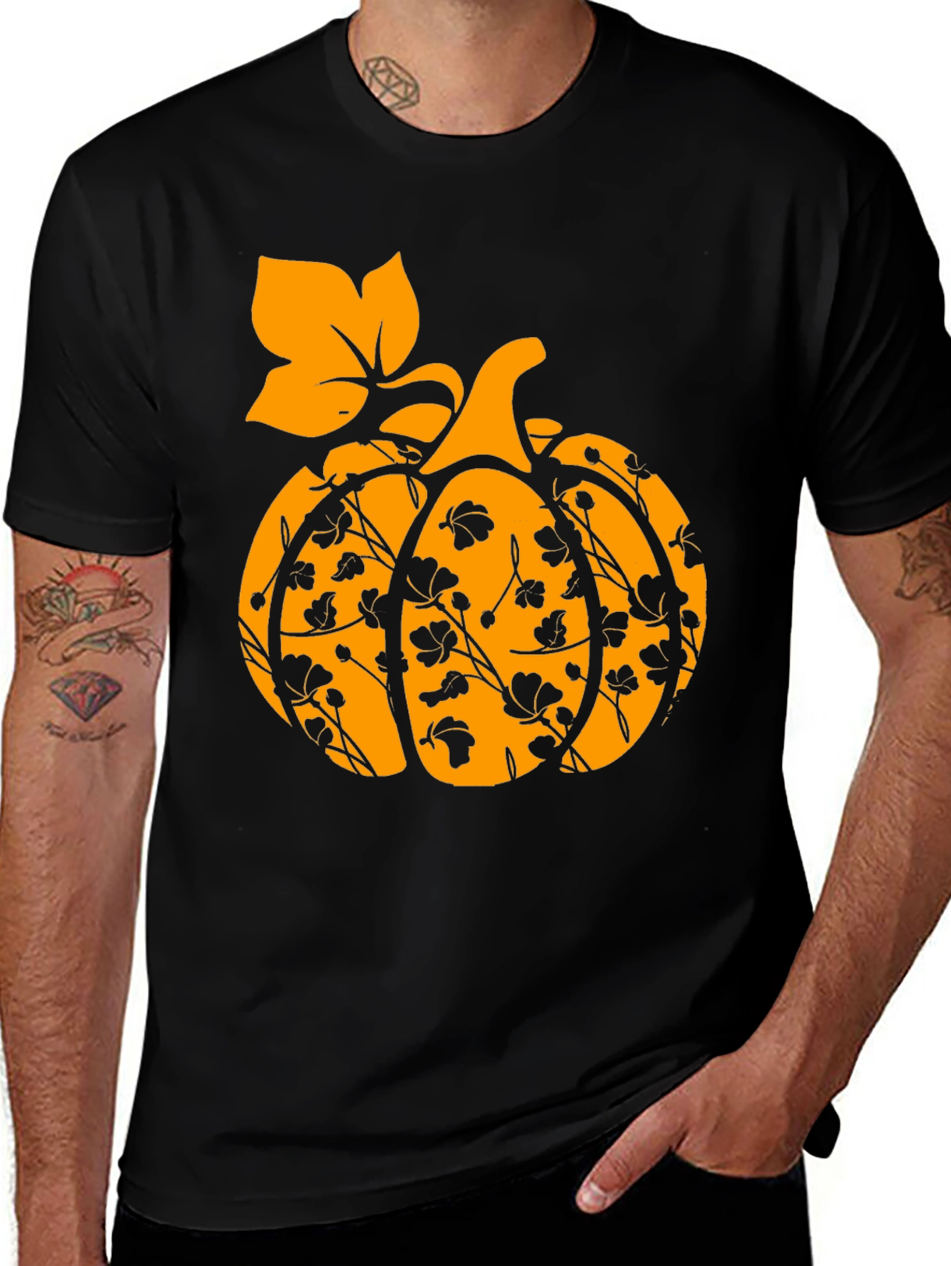 Variant 5 of Fall Pumpkin Floral T-Shirt - Black