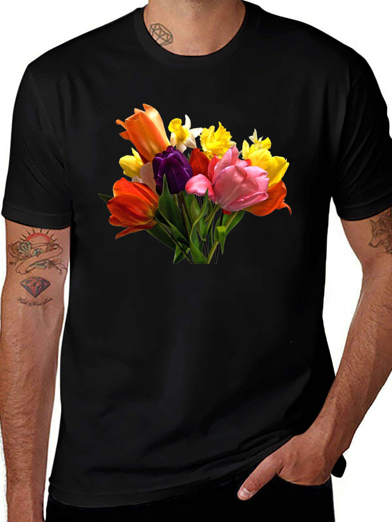 Variant 5 of Floral T-Shirt, Colorful Tulip Bouquet Graphic Tee