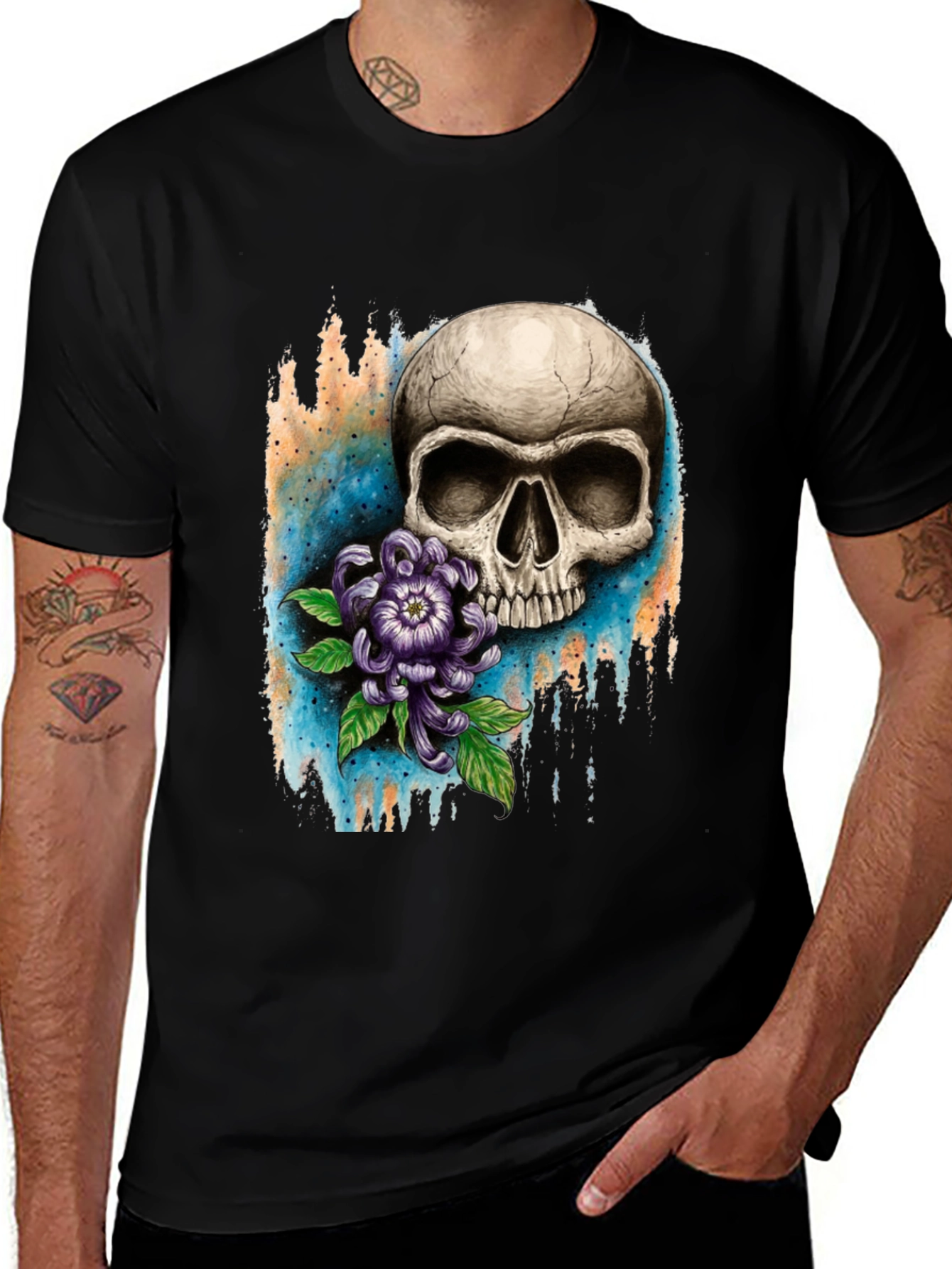 Skull and Flower Graphic T-Shirt