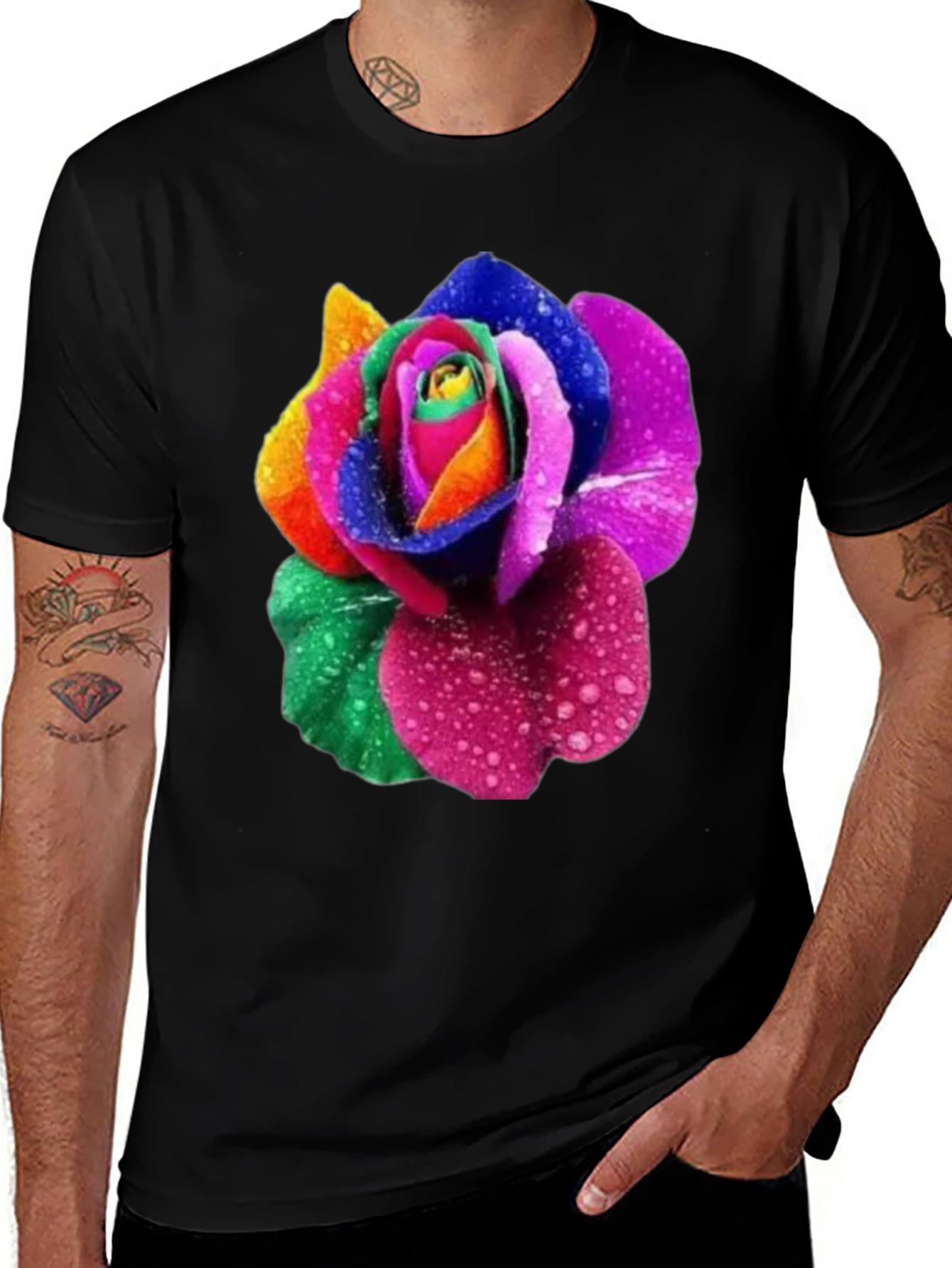 Rainbow Rose Graphic Tee - Men's Black T-Shirt