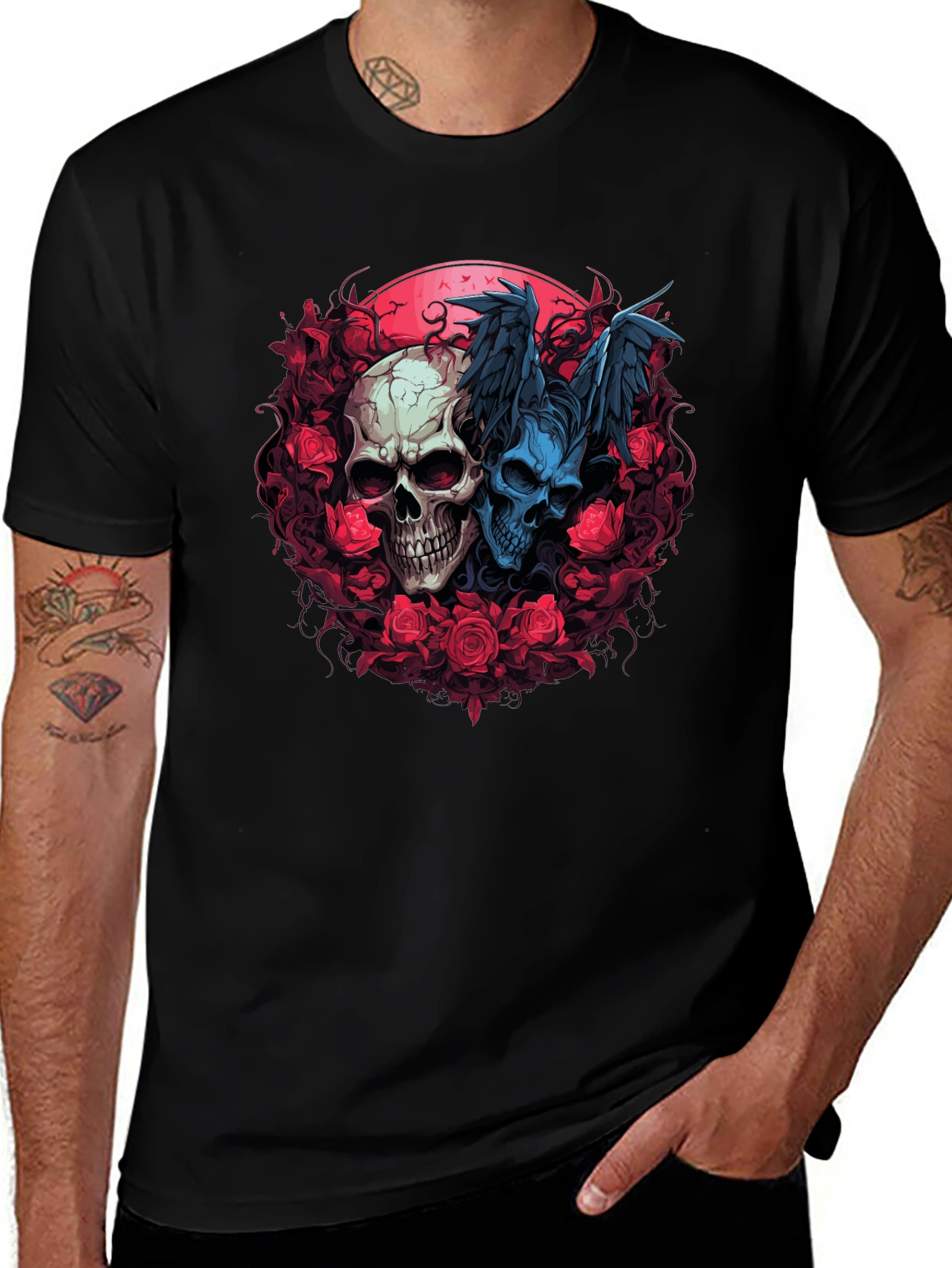 Skull & Roses Graphic Tee - Raven Wings, Goth Design