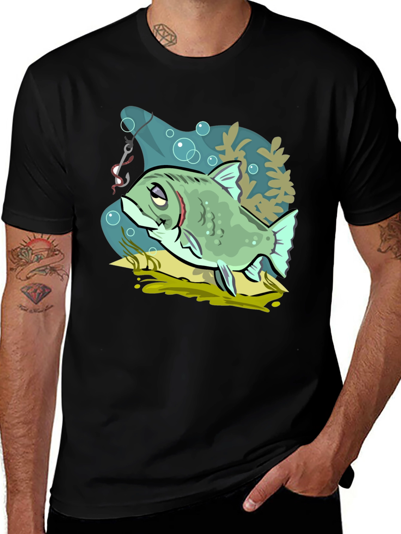 Variant 15 of Cartoon Fish Graphic Tee - Black Cotton T-Shirt