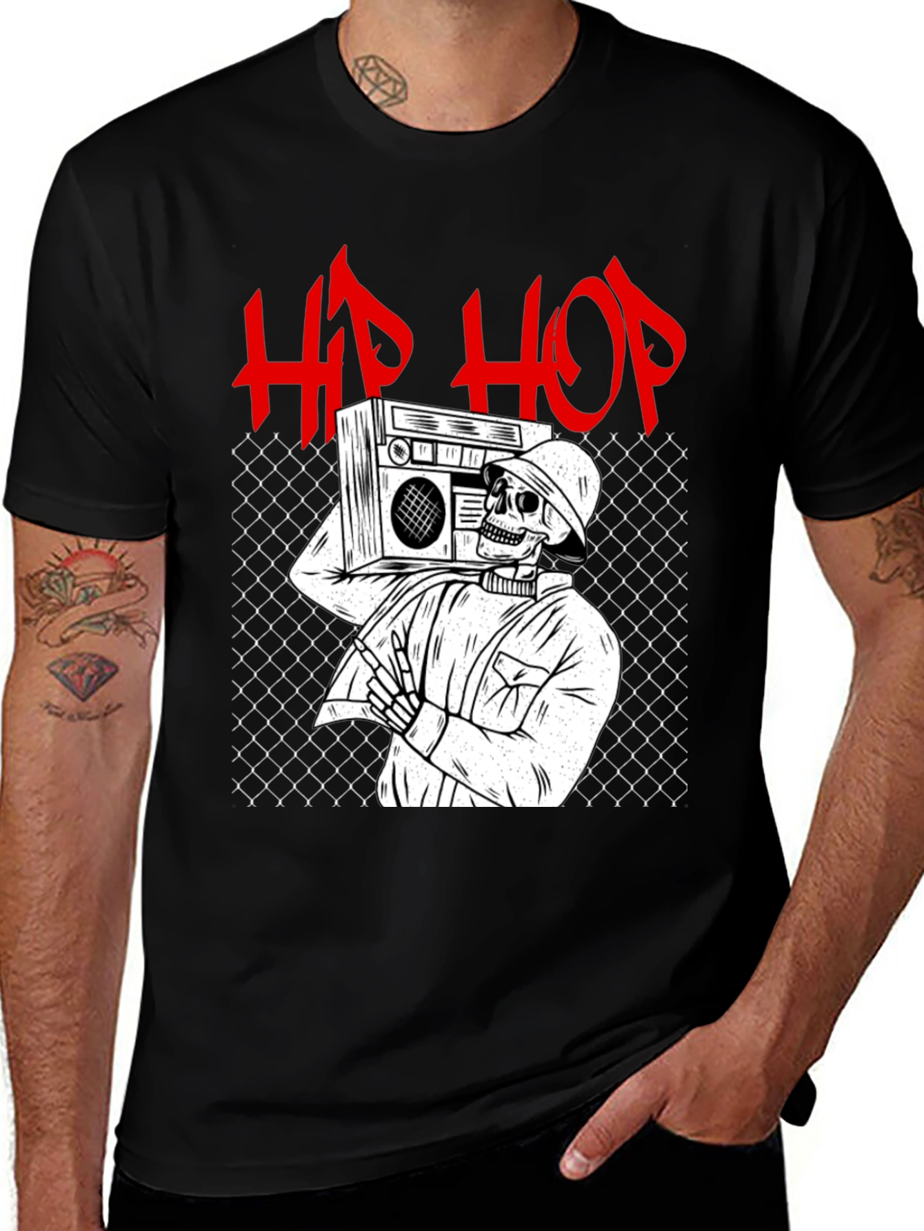 Variant 30 of Hip Hop Skeleton Graphic Tee - Black Cotton T-Shirt