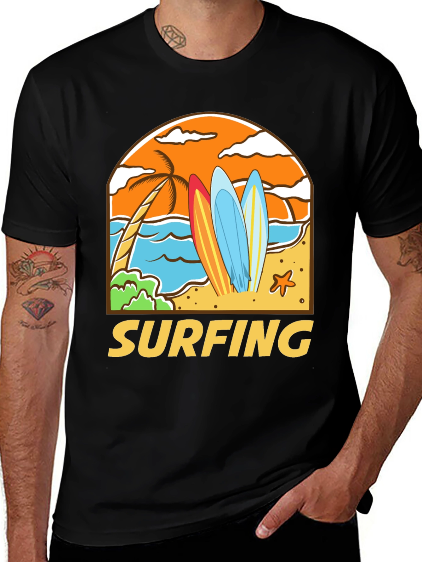 Variant 6 of Surfing Beach T-Shirt - Black Cotton Tee