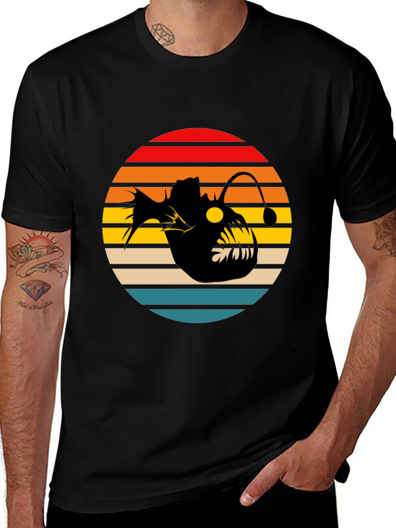 Variant 11 of Anglerfish Sunset Graphic Tee - Retro Style Black T-Shirt