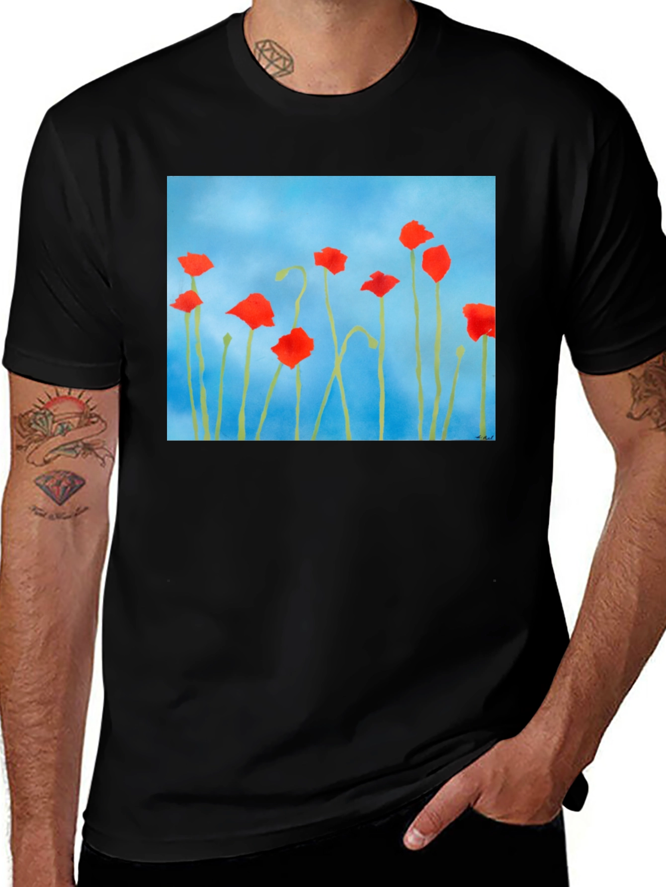 Variant 13 of Floral Print T-Shirt: Red Poppies on Blue