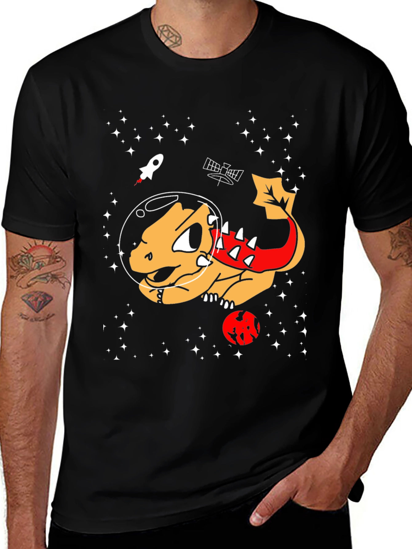 Variant 22 of Space Dinosaur Graphic T-Shirt - Black Cotton Tee